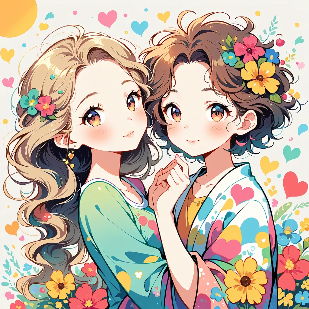 Male and female couple、A big smile、most beautiful girl of all time、Lips in Love、Colorful flowers、colorful hearts, Simple line initials、Abstract art、Urban Background