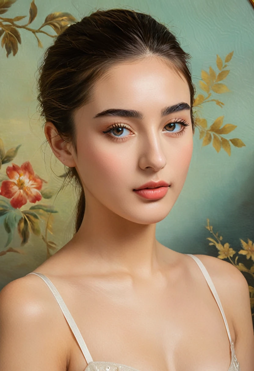 (highres,masterpiece:1.2),(realistic:1.37)"(best quality, ultra-detailed, realistic),beautiful  portrait of a 20-year-old French, (She is half French and half Japanese, and is a stunning beauty with detailed eyes and a high nose:1.1), thick eyebrows, long graceful neck, poised and elegant posture, soft and delicate lighting, classic oil painting medium, vibrant colors, subtle background with floral motifs", dreamy atmosphere, seductive, (best quality,4k,8k,highres,masterpiece:1.2), ultra-detailed, (realistic,photorealistic,photo-realistic:1.37),(Numerous award-winning masterpieces, incredibly detailed and textured, maximal resolution and clarity), (Hyper-realistic:1.4), sexy look