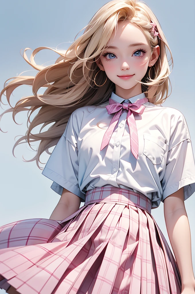 high resolution,smile,woman,woman1人,adult,Clear,cute, Blonde Hair,BREAK, Light blue eyes,BREAK, high school girl,uniform,White shirt,Pink checkered pleated skirt,Ribbon-shaped hairpin,BREAK, Facing forward,BREAK,Pink background,
