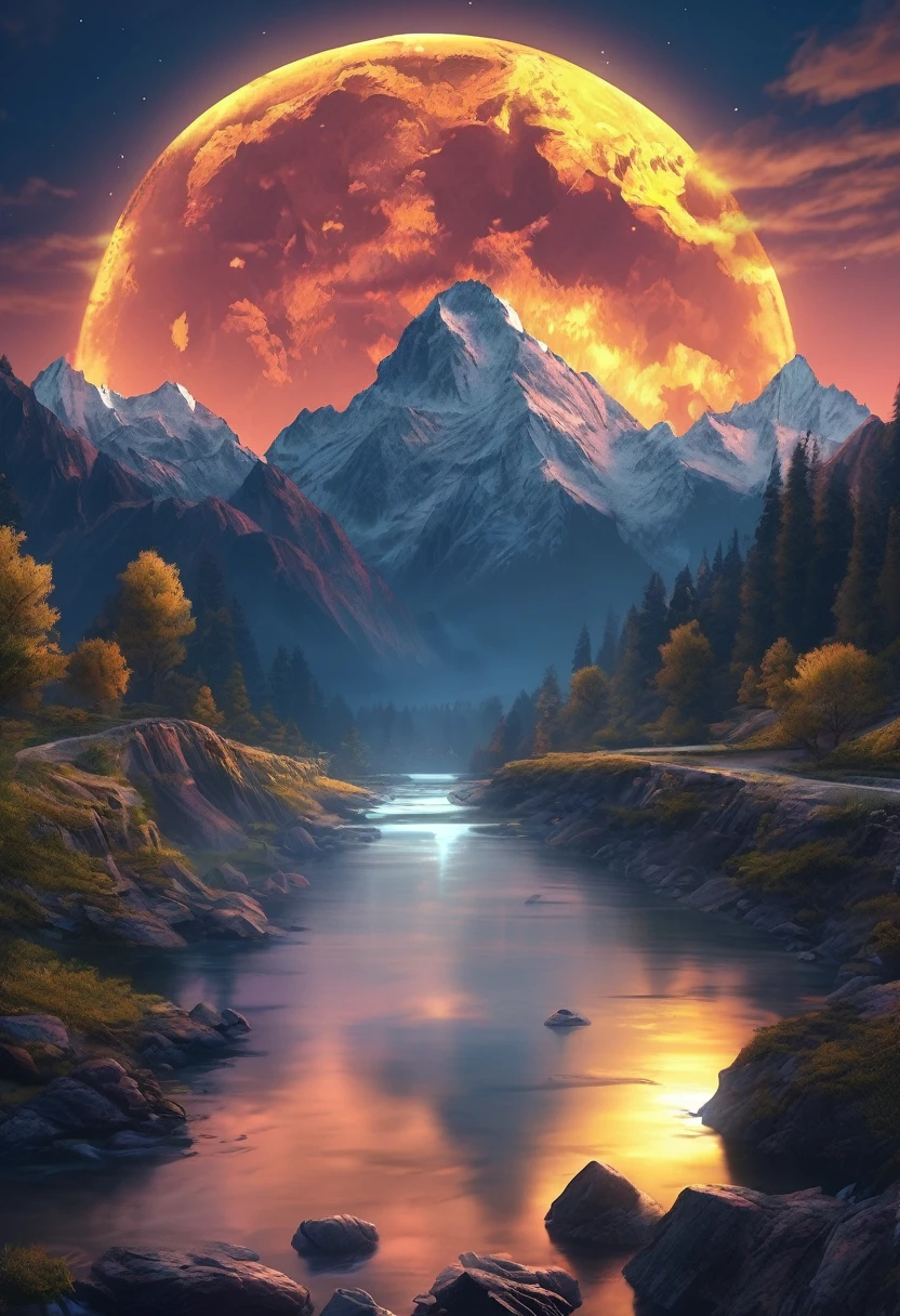 mountains with a river in the foreground and a full moon in the sky, 4k highly detailed digital art, 8k stunning artwork, 4k detailed digital art, beautiful art uhd 4 k, epic dreamlike fantasy landscape, impressive fantasy landscape, 8k high quality detailed art, digital art 8k, digital art 8 k, mystical fantasy landscape, amazing mobile wallpaper