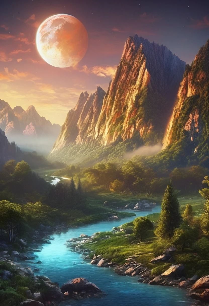 mountains with a river in the foreground and a full moon in the sky, 4k highly detailed digital art, 8k stunning artwork, 4k detailed digital art, beautiful art uhd 4 k, epic dreamlike fantasy landscape, impressive fantasy landscape, 8k high quality detailed art, digital art 8k, digital art 8 k, mystical fantasy landscape, amazing mobile wallpaper