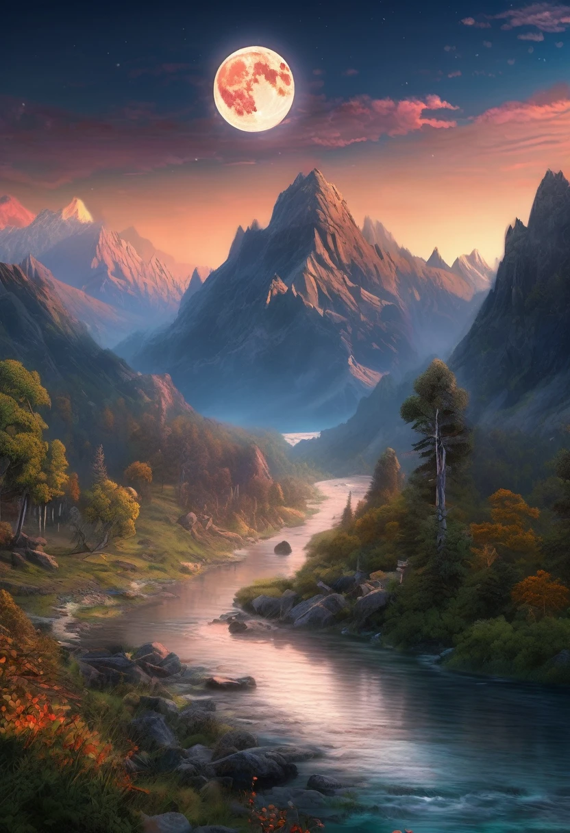 mountains with a river in the foreground and a full moon in the sky, 4k highly detailed digital art, 8k stunning artwork, 4k detailed digital art, beautiful art uhd 4 k, epic dreamlike fantasy landscape, impressive fantasy landscape, 8k high quality detailed art, digital art 8k, digital art 8 k, mystical fantasy landscape, amazing mobile wallpaper