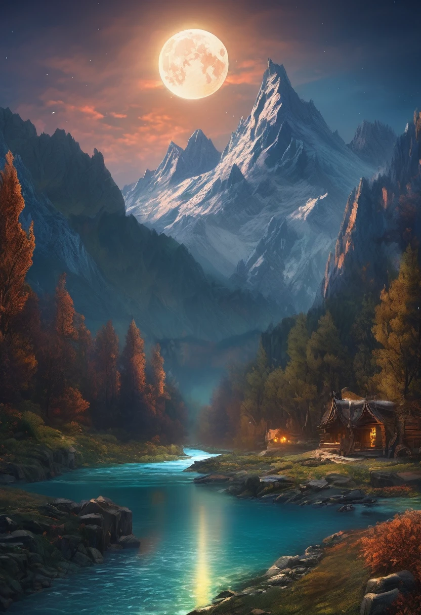 mountains with a river in the foreground and a full moon in the sky, 4k highly detailed digital art, 8k stunning artwork, 4k detailed digital art, beautiful art uhd 4 k, epic dreamlike fantasy landscape, impressive fantasy landscape, 8k high quality detailed art, digital art 8k, digital art 8 k, mystical fantasy landscape, amazing mobile wallpaper