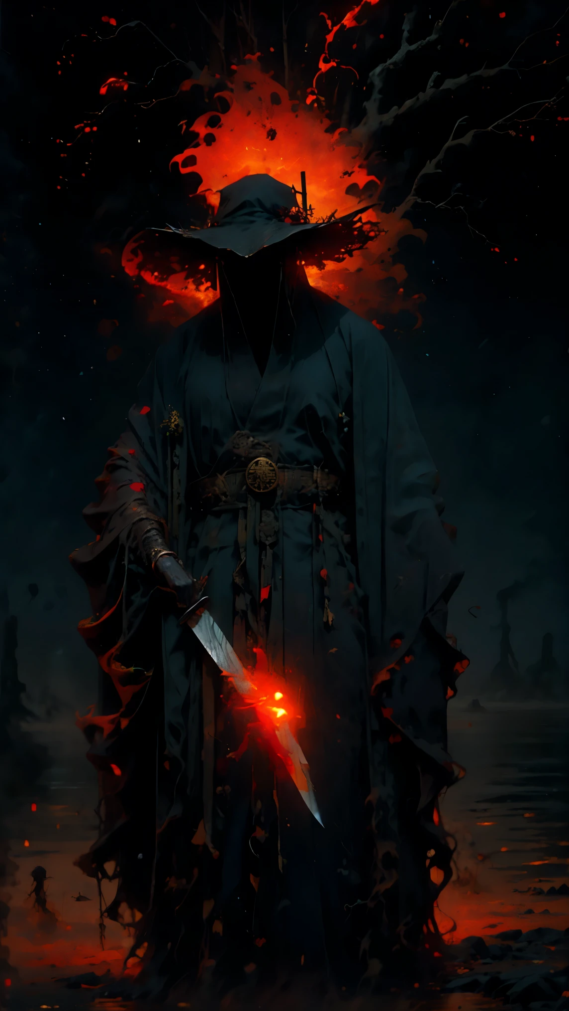 (Highest quality, Super detailed), dark, Wet, Artificial raindrops falling, Ancient Japanese warrior standing in the rain, Traditional Japanese bamboo hat (fail), Dense forest landscape, Magnificent and serene nature, Full moon shining in the night sky, A black kimono with fluorescent red stripes that glow in the moonlight, 鋭く抜かれた武士のknife (knife),
