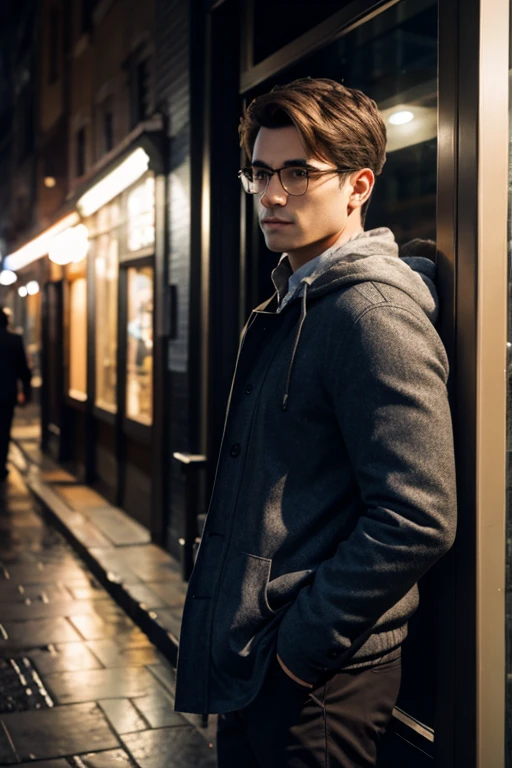 ((masterpiece)),(((Best quality))),(Character Design Sheet,same character,Front,side,back),iRAW photo, portrait photo 25 years.o man in casual clothes, night, City street, (highly detailed skin:1.2), 8k contract, SLR camera, soft lighting, high quality, granularity, Fujifilm XT3