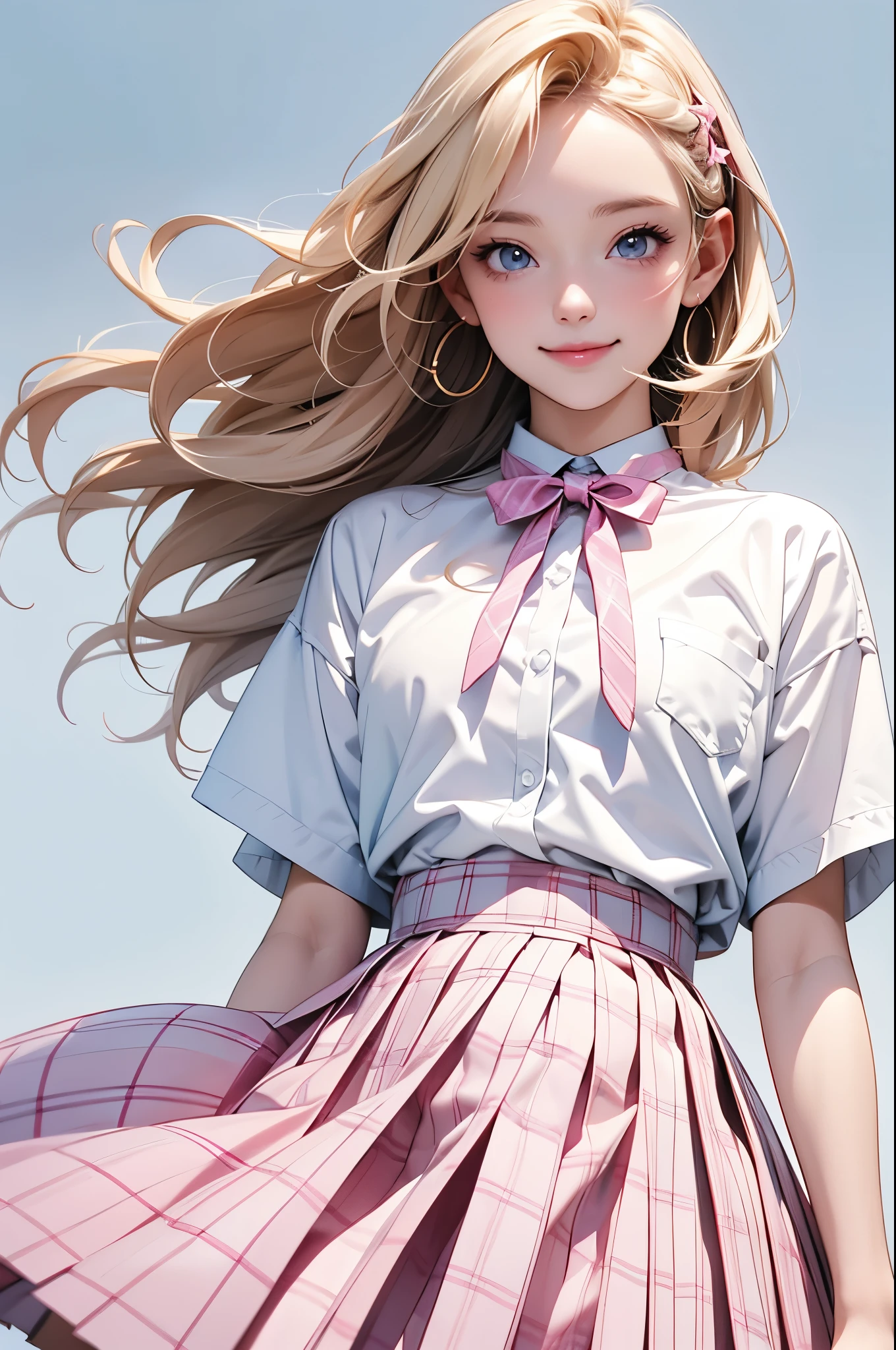 high resolution,smile,woman,woman1人,adult,Clear,cute, Blonde Hair,BREAK, Light blue eyes,BREAK, high school girl,uniform,White shirt,Pink checkered pleated skirt,Ribbon-shaped hairpin,BREAK, Facing forward,BREAK,Pink background,