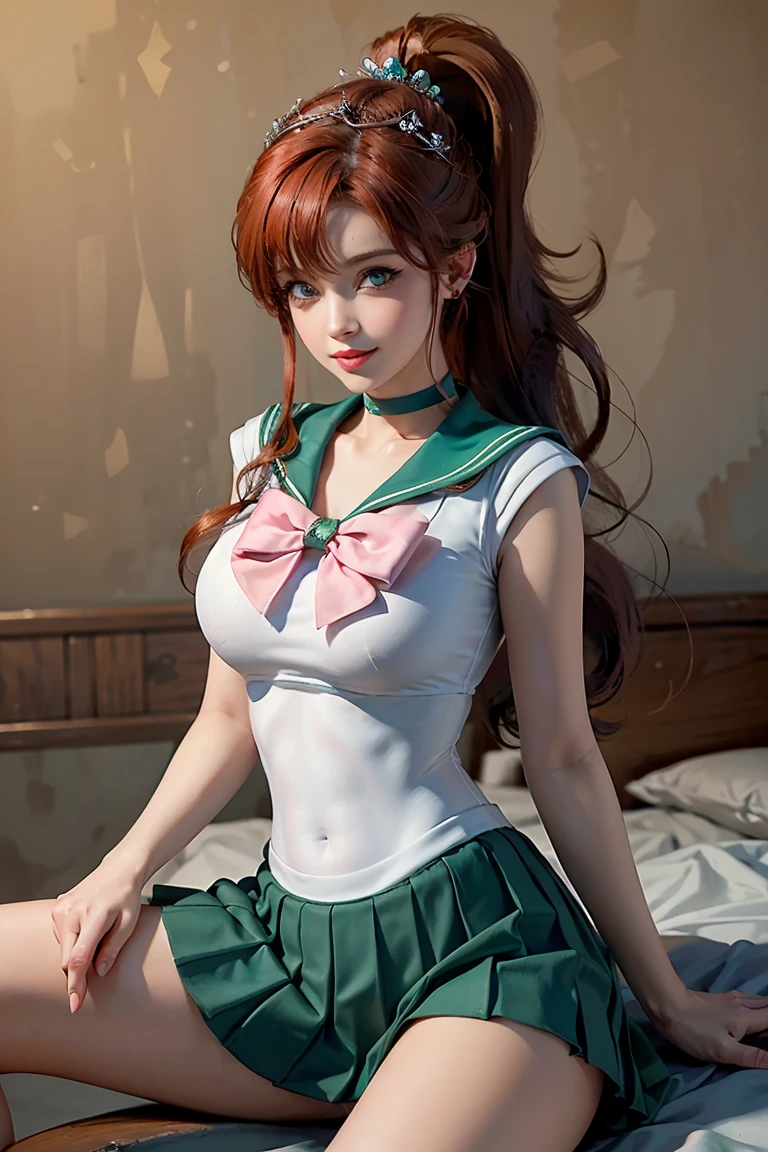 masterpiece, Highest quality, High resolution, Super detailed, smile, Woman with long red hair and bangs, ponytail,Bright Blue Eyes, Long eyelashes,eye shadow,Pale pink blush,Beautiful girl, Golden tiara on the forehead,choker,Sailor Warrior Uniforms,Green mini pleated skirt, Swimwear,Big Tits,(Open your legs and show them)