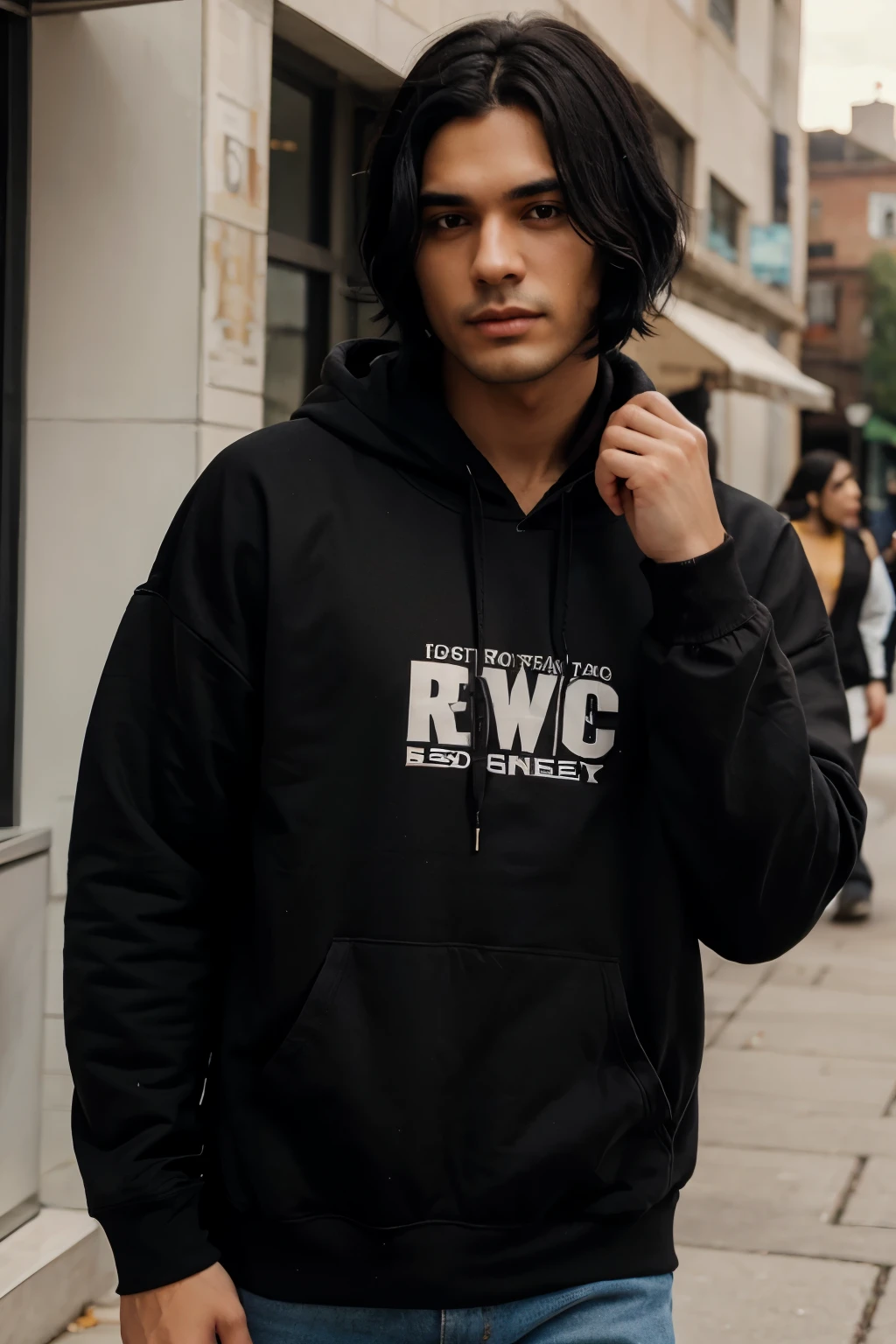 Make me a man with black hair and brown hoodie