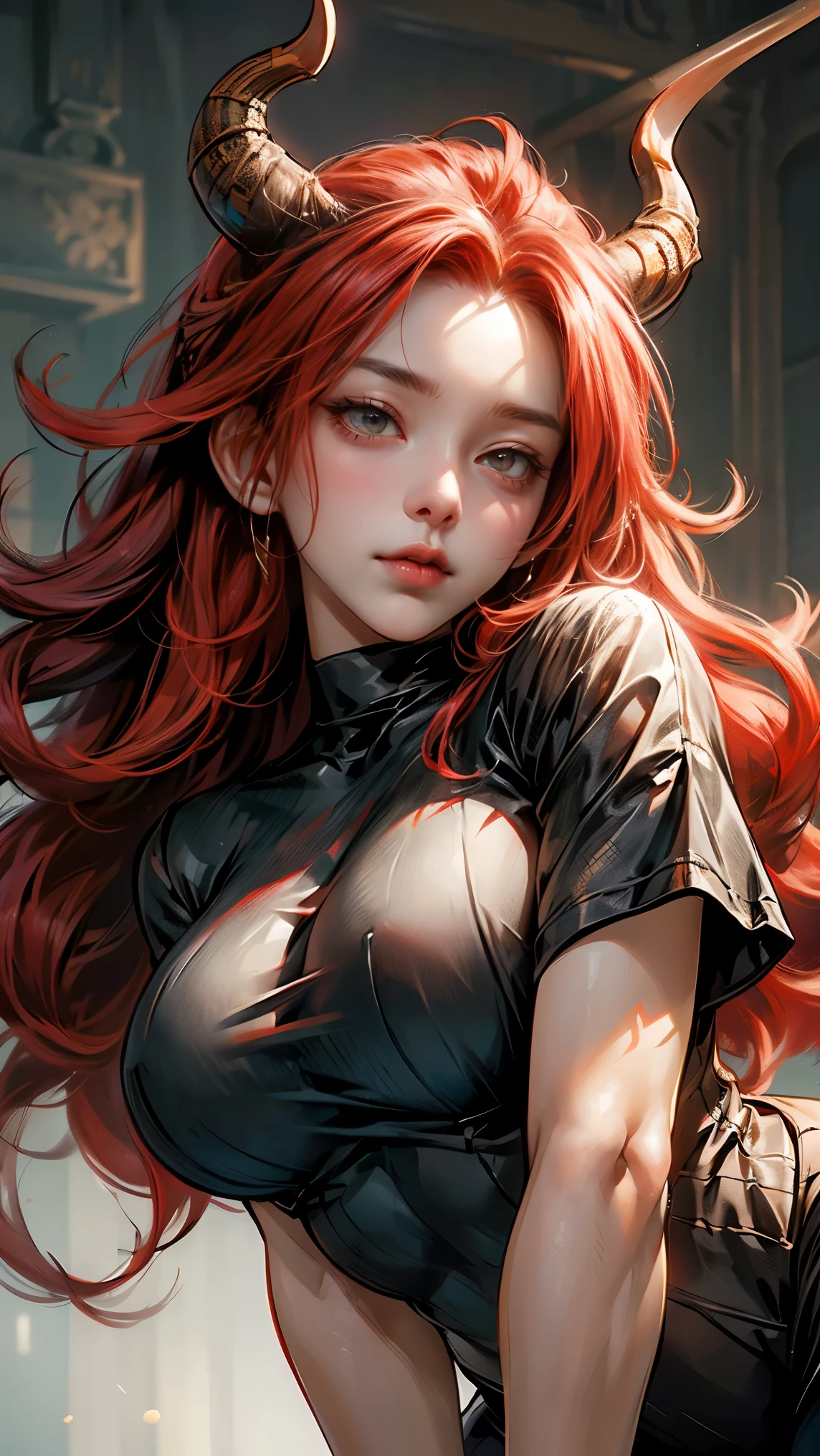 Very detailed, Seductive woman with horns, Tight shirt, (plump, The breasts are too big，Shirts always get torn, Red hair), Face-centered, Face Focus, Complex eyes,