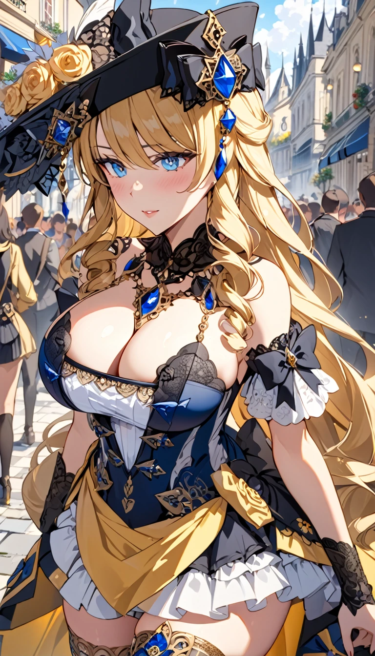 A beautiful 28-year-old woman, Navia, wearing sexy lingerie, stands in a crowded French city, hyper detailed huge breasts and ultra detailed features rendered in the best quality, 4K masterpiece.