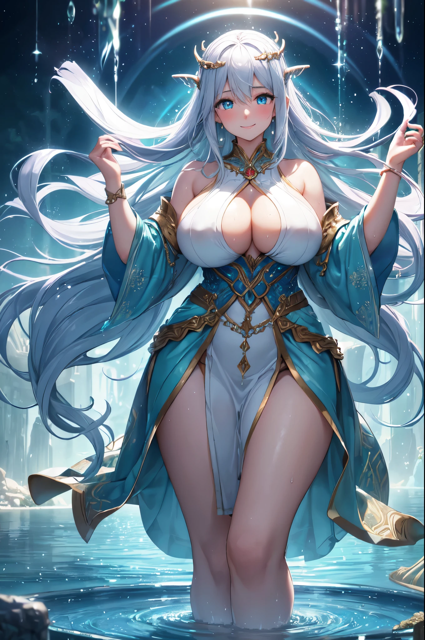 (High quality, High resolution, Fine details), fantasy, mythological, water deity, Standing on the surface of water, (Floating water balls), shafts of light, flowing robes, solo, curvy adult women, long flowing hair, sparkling eyes, (Detailed eyes:1.2), smile, blush, Sweat, Oily skin, bokeh, Soft tones, shallow depth of field