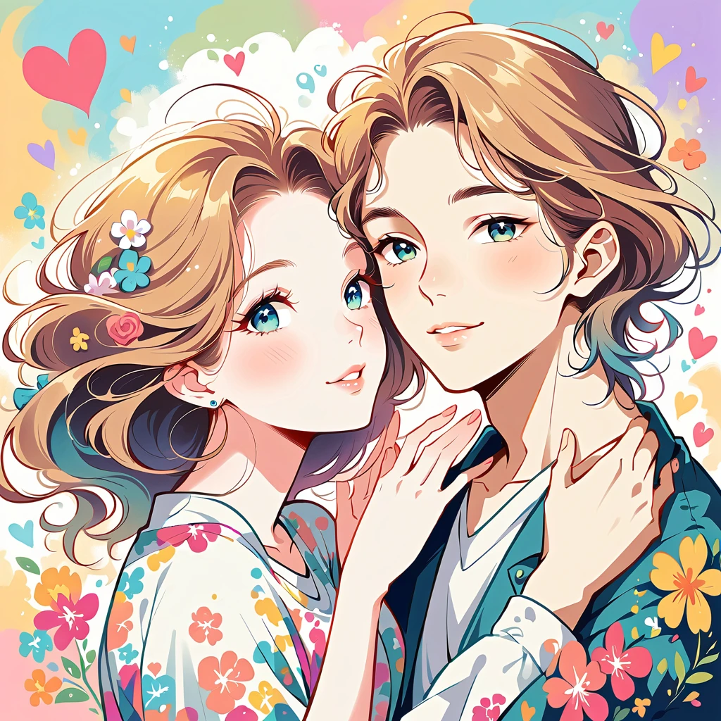 One man, one woman couple、A big smile、most beautiful girl of all time、Lips in Love、Colorful flowers、colorful hearts, Simple line initials、Abstract art、Urban Background