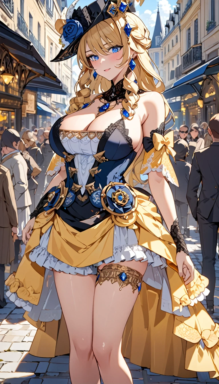 A beautiful 28-year-old woman, Navia, wearing y lingerie, stands in a crowded French city, hyper detailed huge bred ultra detailed features rendered in the best quality, 4K masterpiece.