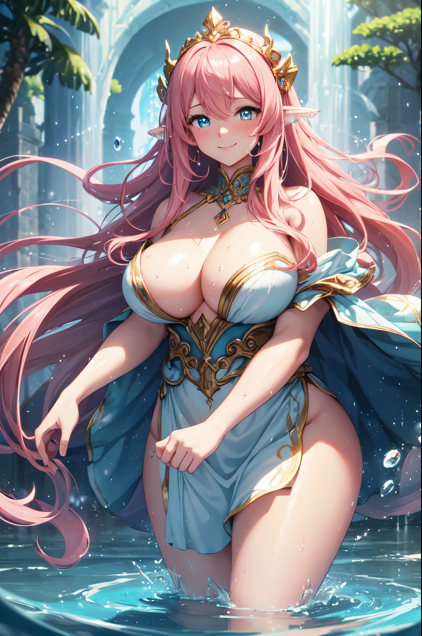 (High quality, High resolution, Fine details), fantasy, mythological, water deity, Standing on the surface of water, (Floating water balls), shafts of light, flowing robes, solo, curvy adult women, long flowing pink hair, sparkling eyes, (Detailed eyes:1.2), smile, blush, Sweat, Oily skin, bokeh, Soft tones, shallow depth of field