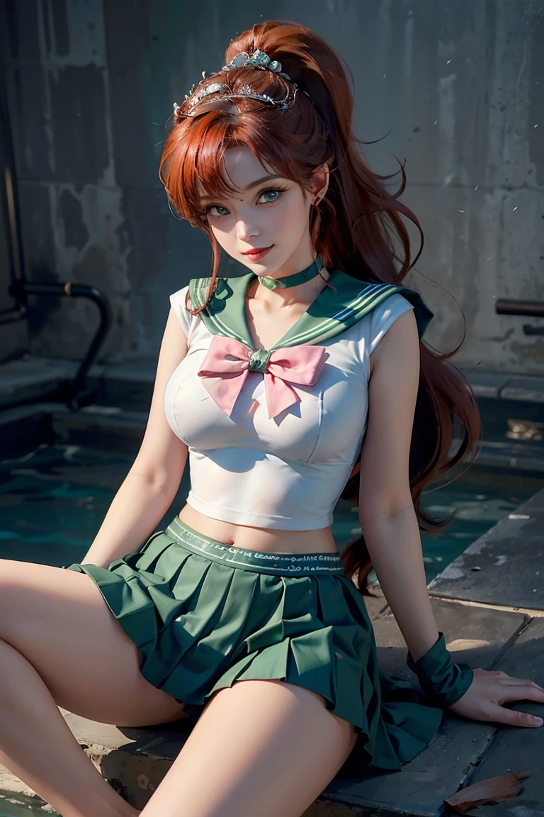 masterpiece, Highest quality, High resolution, Super detailed, smile, Woman with long red hair and bangs, ponytail,Bright Blue Eyes, Long eyelashes,eye shadow,Pale pink blush,Beautiful girl, Golden tiara on the forehead,choker,Sailor Warrior Uniforms,Green mini pleated skirt, Swimwear,Big Tits,(Open your legs and show them)