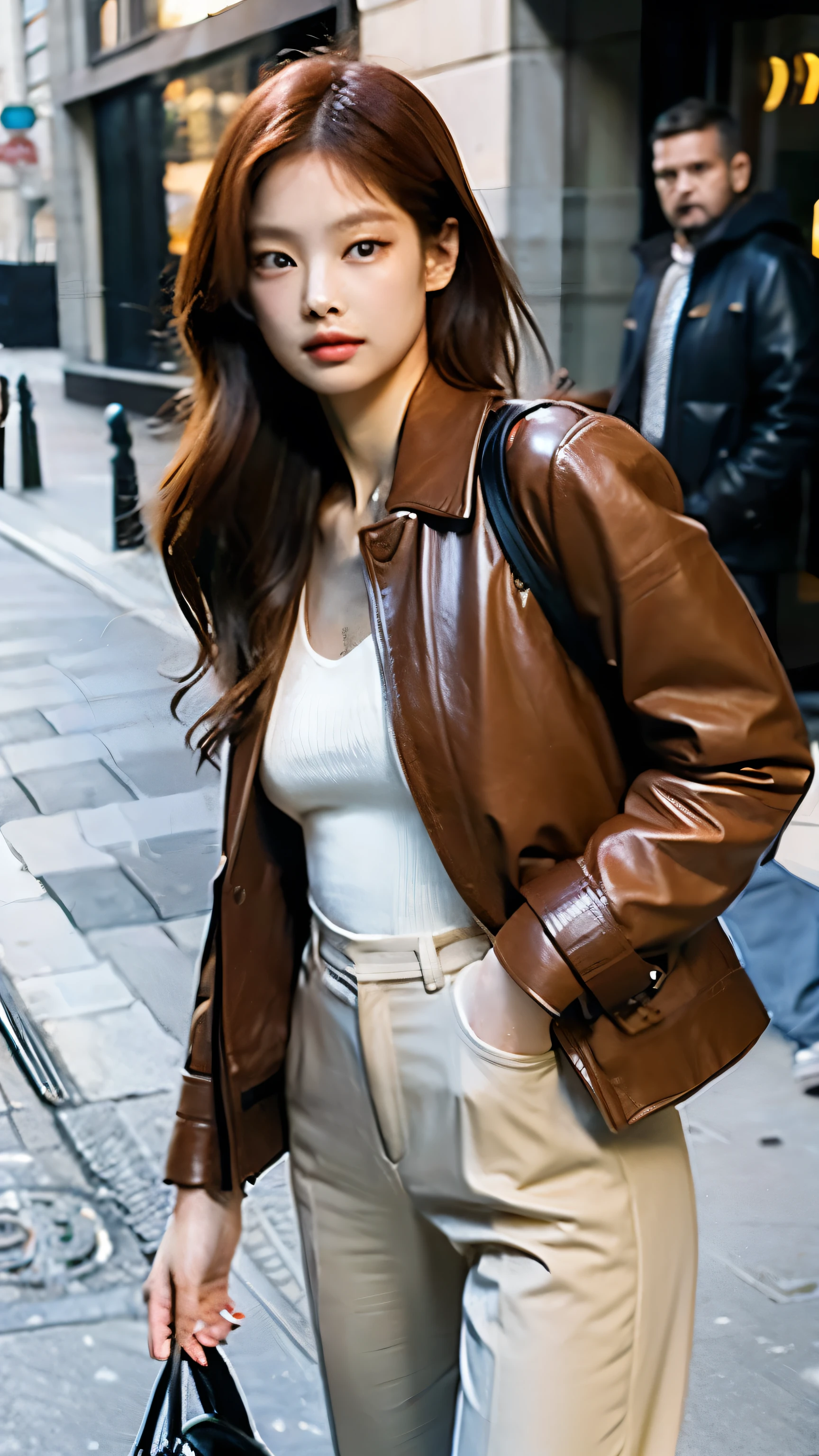 jennie blackpink.delicate face model. red hair. wearing beige leather set. plaid jacket, v neck. brown leather pants. elegant discreet style. luxury style. european street scene