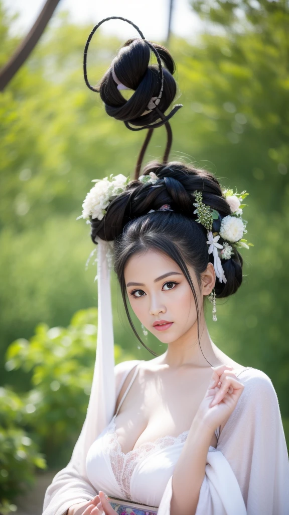 huge breasts：1.6,Fashion model , [[[[boobgasm]]]], [[[[coll]]]], [[[[bshoulders]]]], perfect  eyes, Perfect iris，Perfect skin，Long face，Soft front light，HDlmgirl,White period costume，Green leaves and flowers in the background，（pastel colour：1.2）