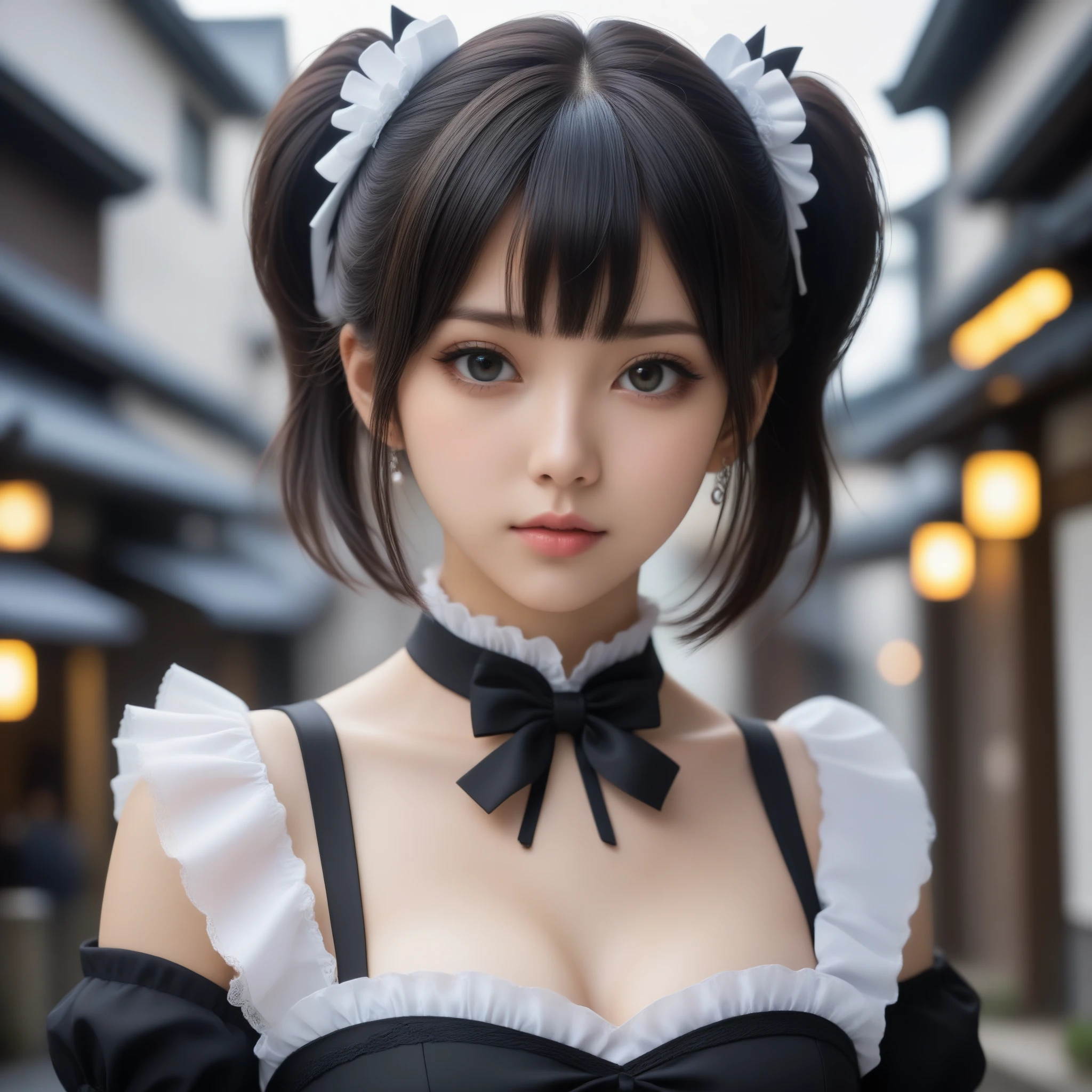 8k, Ultra-high resolution, Highest quality, masterpiece, 三分割法によるphotograph,Surreal, photograph, 1 Girl, (16 years old:1.3), pretty girl, Cute Face, Beautiful eyes in every detail, 細かくdetailedに,masterpiece,One Girl:1.2,Japanese female announcer,extream close up,Serious expression,Black short hair,Short ponytail,Maid Android,((Fusion of Gothic Lolita and Lolita fashion:1.3)),bracelet, chest, choker, clavicle, Earrings,Futuristic cityscape ,Perfect and beautiful face ,完璧でCute Face, Skin with attention to detail, Perfect limbs、Narrow waist,Looking at the audience,(((Ideal body type))),Aカップの小さなchest :2,Portraiture:2,Perfect Anatomy,鮮明なdetailed,detailed,Surreal,Light and shadow,spotlight