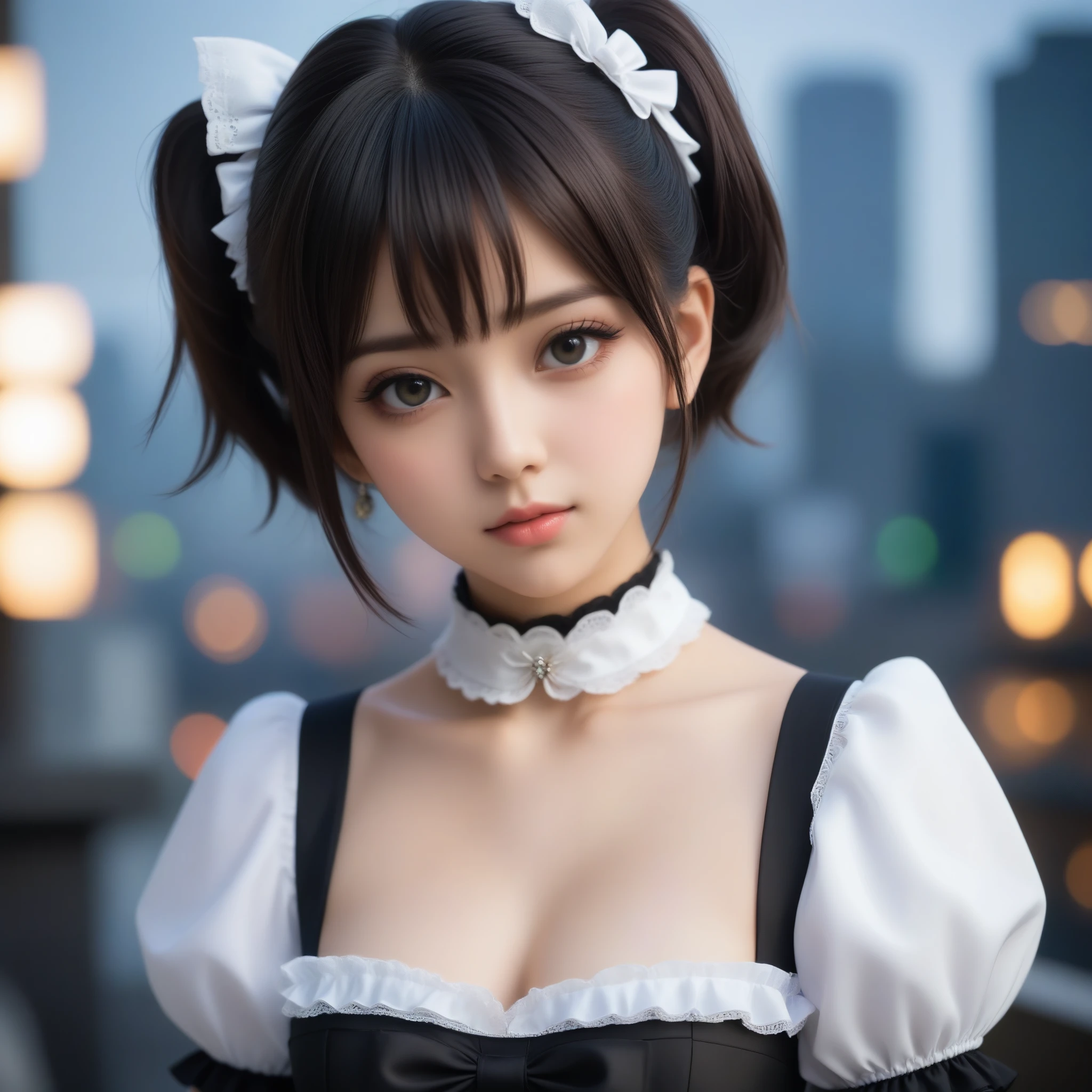 8k, Ultra-high resolution, Highest quality, masterpiece, 三分割法によるphotograph,Surreal, photograph, 1 Girl, (:1.3), pretty girl, Cute Face, Beautiful eyes in every detail, 細かくdetailedに,masterpiece,One Girl:1.2,Japanese female announcer,extream close up,Serious expression,Black short hair,Short ponytail,Maid Android,((Fusion of Gothic Lolita and La fashion:1,bracelet, chest, choker, clavicle, Earrings,Futuristic cityscape ,Perfect and beautiful face ,完璧でCute Face, Skin with attention to detail, Perfect limbs、Narrow waist,Looking at the audience,(((Ideal body type))),Aカップの小さなchest :2,Portraiture:2,Perfect Anatomy,鮮明なdetailed,detailed,Surreal,Light and shadow,spotlight