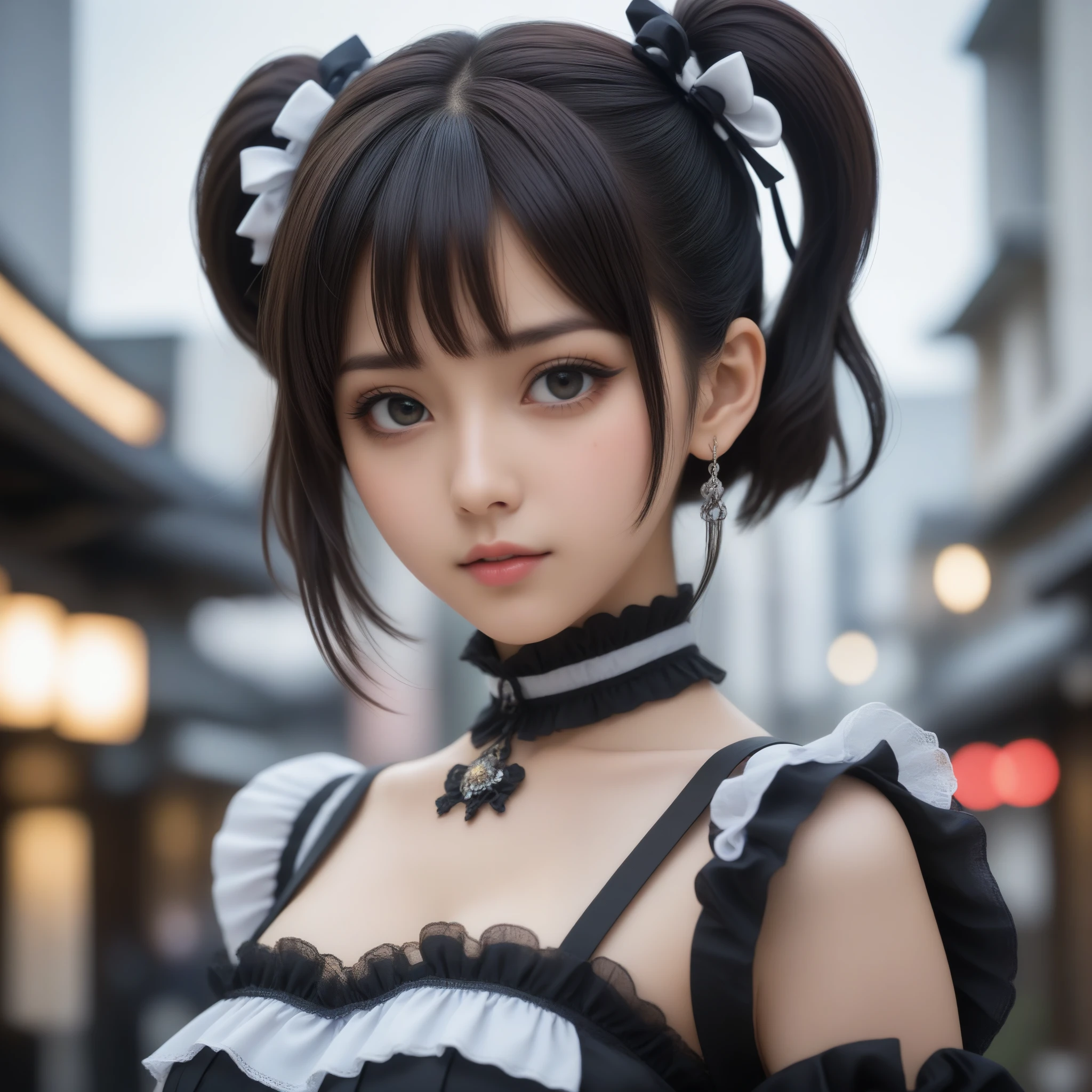8k, Ultra-high resolution, Highest quality, masterpiece, 三分割法によるphotograph,Surreal, photograph, 1 Girl, (16 years old:1.3), pretty girl, Cute Face, Beautiful eyes in every detail, 細かくdetailedに,masterpiece,One Girl:1.2,Japanese female announcer,extream close up,Serious expression,Black short hair,Short ponytail,Maid Android,((Fusion of Gothic Lolita and Lolita fashion:1.3)),bracelet, chest, choker, clavicle, Earrings,Futuristic cityscape ,Perfect and beautiful face ,完璧でCute Face, Skin with attention to detail, Perfect limbs、Narrow waist,Looking at the audience,(((Ideal body type))),Aカップの小さなchest :2,Portraiture:2,Perfect Anatomy,鮮明なdetailed,detailed,Surreal,Light and shadow,spotlight