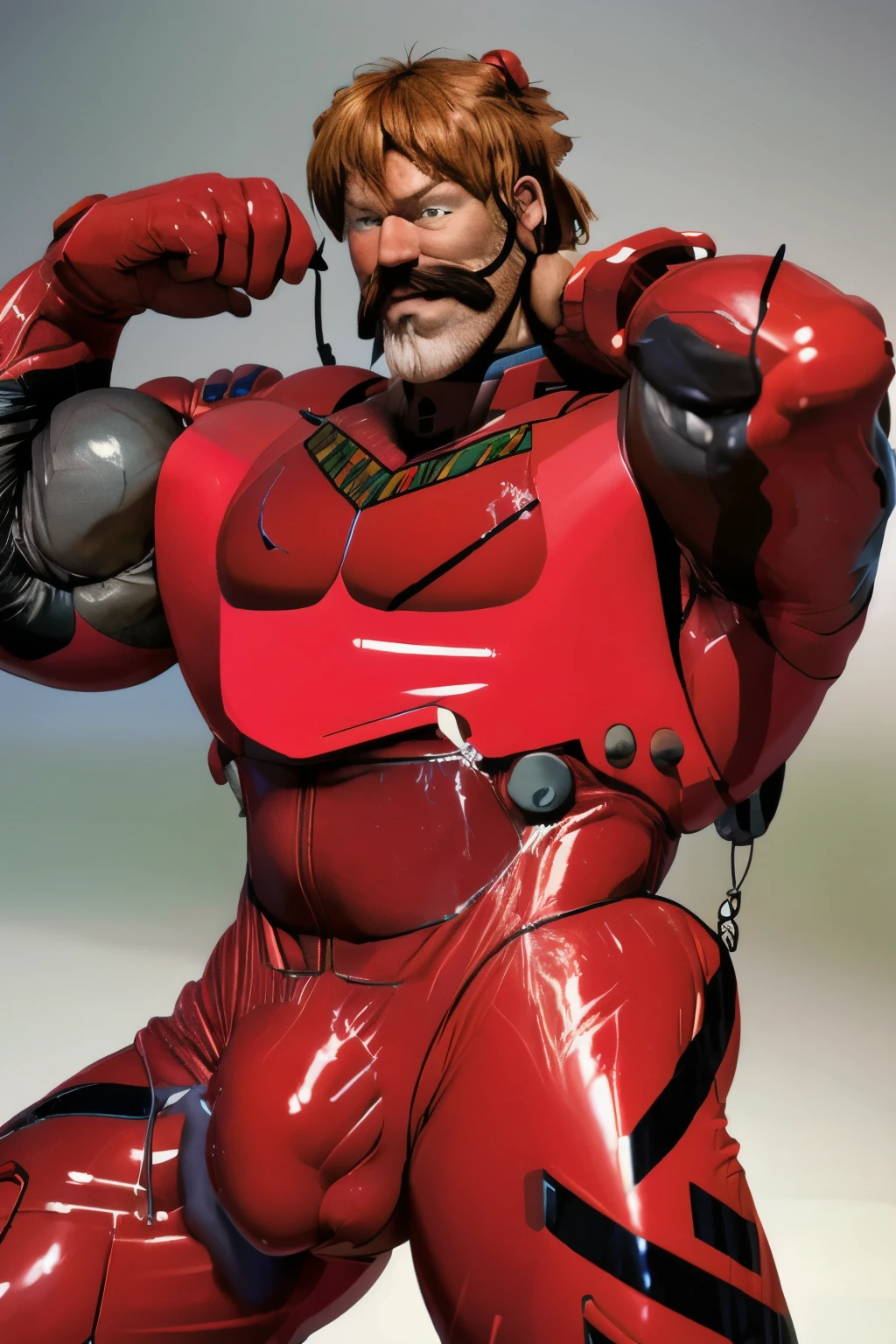 (masterpiece, best quality), 1 old man, handsome beautiful face, muscle male, beautiful body, wearing asuka plugsuit, bodysuit, interface headset, red bodysuit, nice bulge, nicebulge,