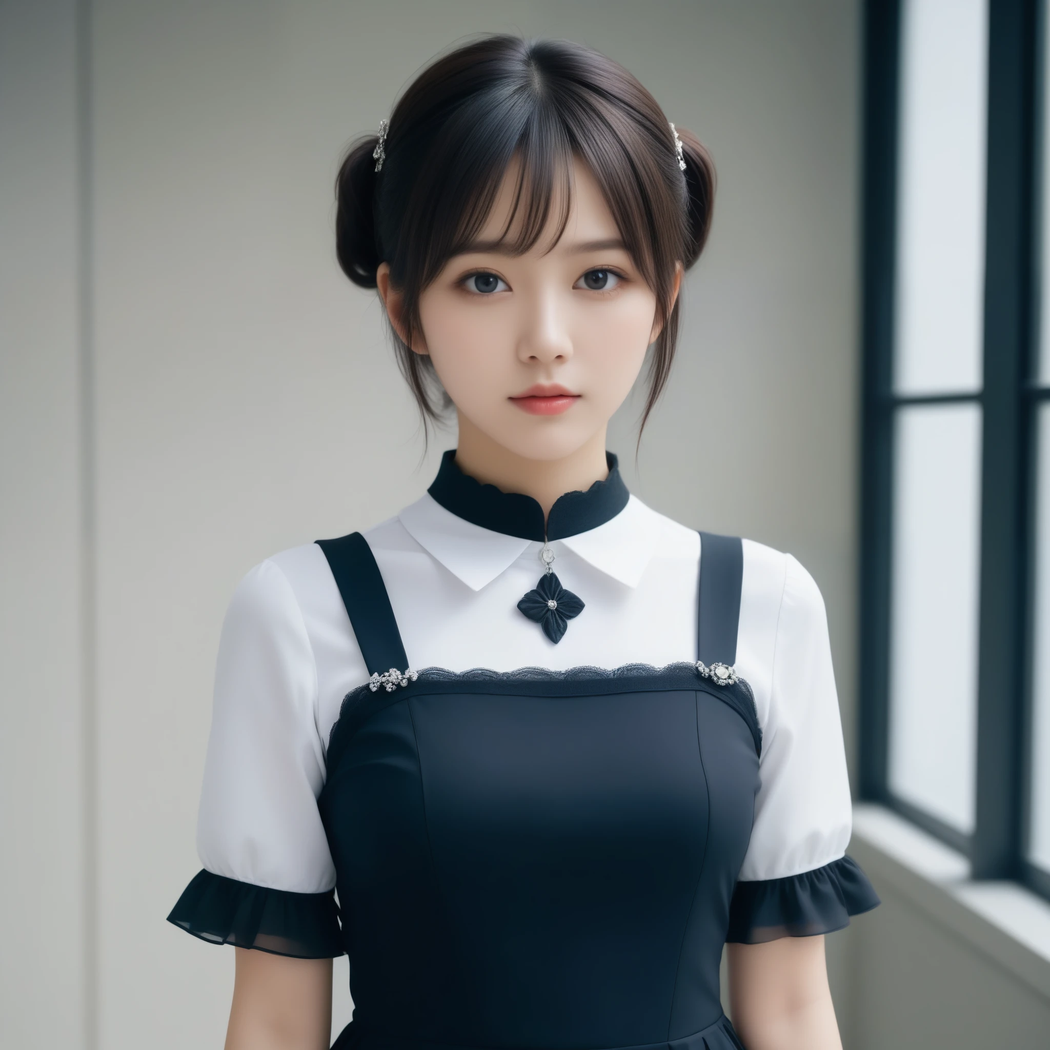 8k, Ultra-high resolution, Highest quality, masterpiece, 三分割法によるphotograph,Surreal, photograph, 1 Girl, (16 years old:1.3), pretty girl, Cute Face, Beautiful eyes in every detail, 細かくdetailedに,masterpiece,One Girl:1.2,Japanese female announcer,extream close up,Serious expression,Black short hair,Short ponytail,Maid Android,((Fusion of Gothic Lolita and Lolita fashion:1.3)),bracelet, chest, choker, clavicle, Earrings,Futuristic cityscape ,Perfect and beautiful face ,完璧でCute Face, Skin with attention to detail, Perfect limbs、Narrow waist,Looking at the audience,(((Ideal body type))),Aカップの小さなchest :2,Portraiture:2,Perfect ???????,鮮明なdetailed,detailed,Surreal,Light and shadow,spotlight