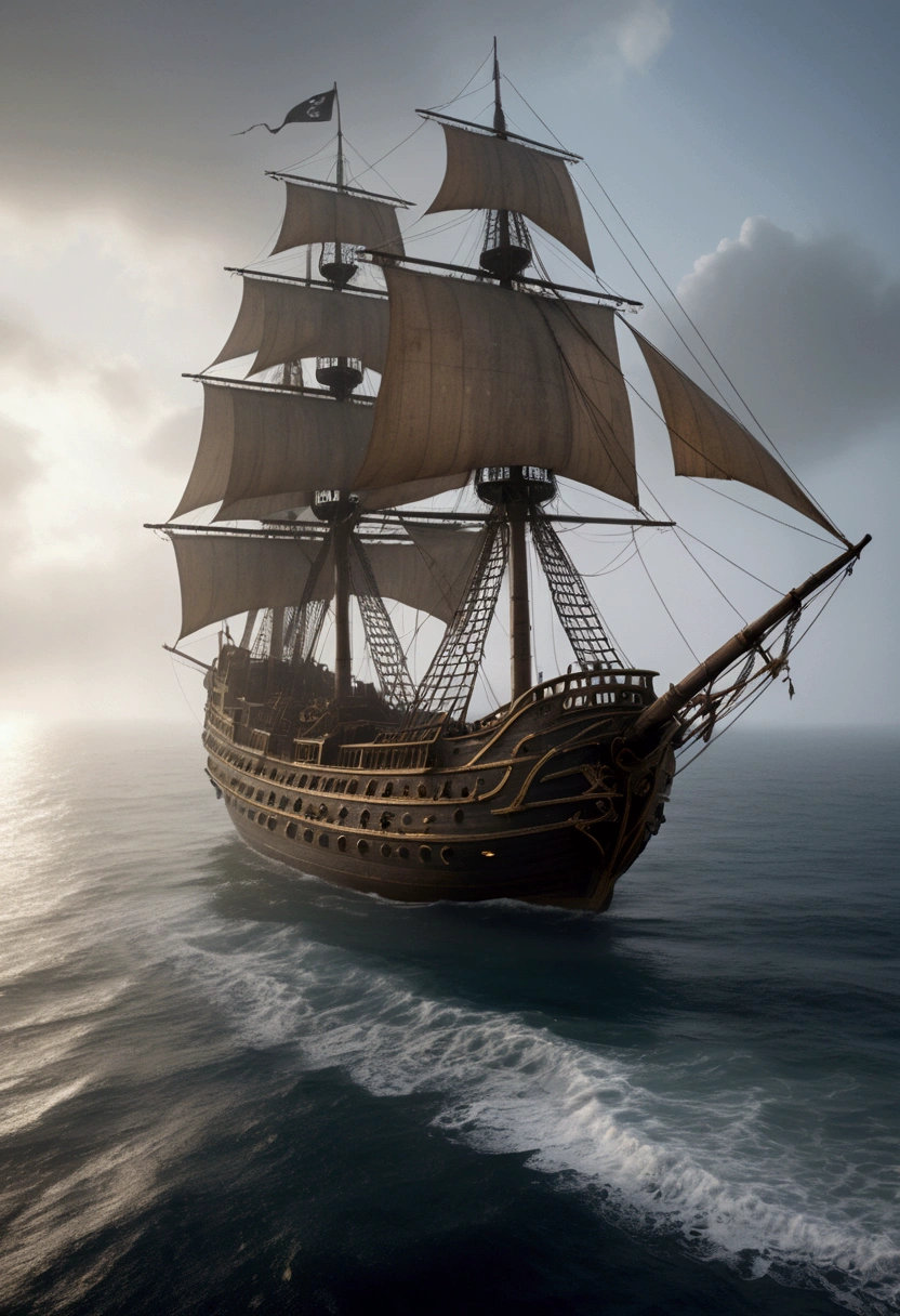 (Pirate War), In a mysterious sea, a female pirate leader leads her fleet to seek revenge against the enemy who once betrayed her. She was dressed in a luxurious pirate costume, wearing a hat decorated with feathers, and holding a long sword inlaid with jewels. The sunset is like blood, reflecting her steadfast gaze and indomitable soul. On her flagship, the pirates have high morale and are ready to fight for their queen. In the distance, the enemy fleet is approaching head-on, and a decisive battle that will determine fate is about to unfold, captivating chiaroscuro, dynamic movement, astropunk, full body, (special effects:0.1), award-winning, cinematic still, emotional, vignette, dynamic, vivid, (masterpiece, best quality, photorealistic, Professional, perfect composition, very aesthetic, absurdres, ultra-detailed, intricate details:1.3)