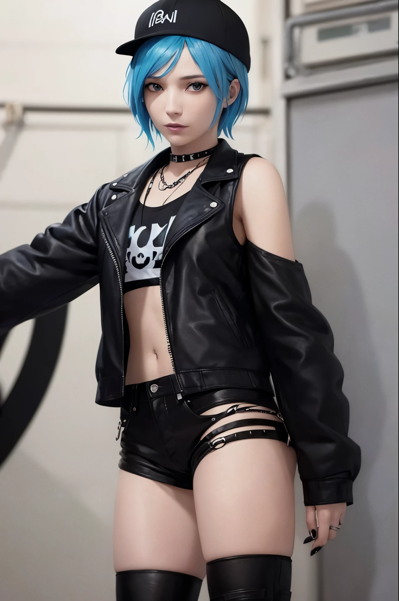 1 Girl, Chloe Price, fair skin, blue eyes, short blue hair, black cap, open black jacket, white shirt with skull print, bracelet, black nails, black pants 