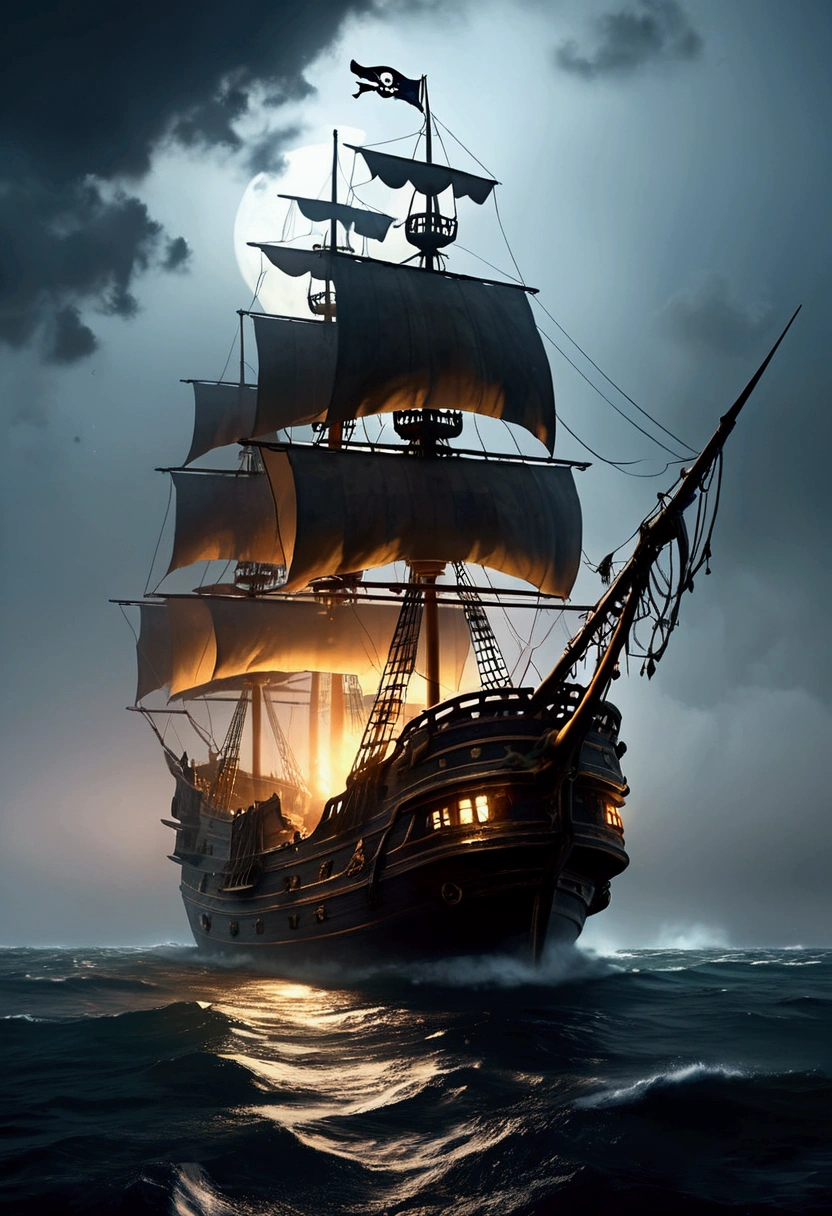(Pirate War), In a mysterious sea, a female pirate leader leads her fleet to seek revenge against the enemy who once betrayed her. She was dressed in a luxurious pirate costume, wearing a hat decorated with feathers, and holding a long sword inlaid with jewels. The sunset is like blood, reflecting her steadfast gaze and indomitable soul. On her flagship, the pirates have high morale and are ready to fight for their queen. In the distance, the enemy fleet is approaching head-on, and a decisive battle that will determine fate is about to unfold, captivating chiaroscuro, dynamic movement, astropunk, full body, (special effects:0.1), award-winning, cinematic still, emotional, vignette, dynamic, vivid, (masterpiece, best quality, photorealistic, Professional, perfect composition, very aesthetic, absurdres, ultra-detailed, intricate details:1.3)