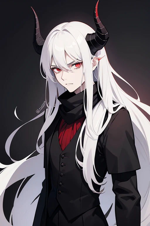 man with pale skin, crimson eyes, a bit long white hair and black goat-like horns and a manly, badass face. wearing a red shirt rolled up to the elbows, with a black dress vest buttoned on top, with black dress pants and a black scarf that covers half of his face.