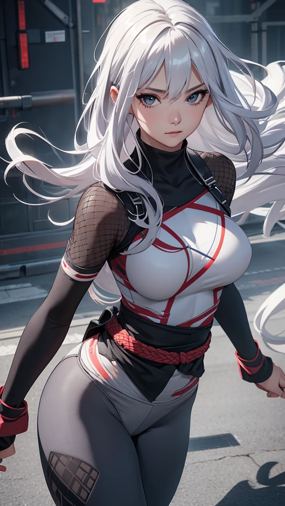 CG, Unity, 8k, wallpaper, Highest quality, masterpiece, Lovely lady, 18-year-old, Gray Hair, White skin, break, Ninja Costume, (leggings:1.3), (Realistic:1.2), Complex pupil, Intricate weaving,