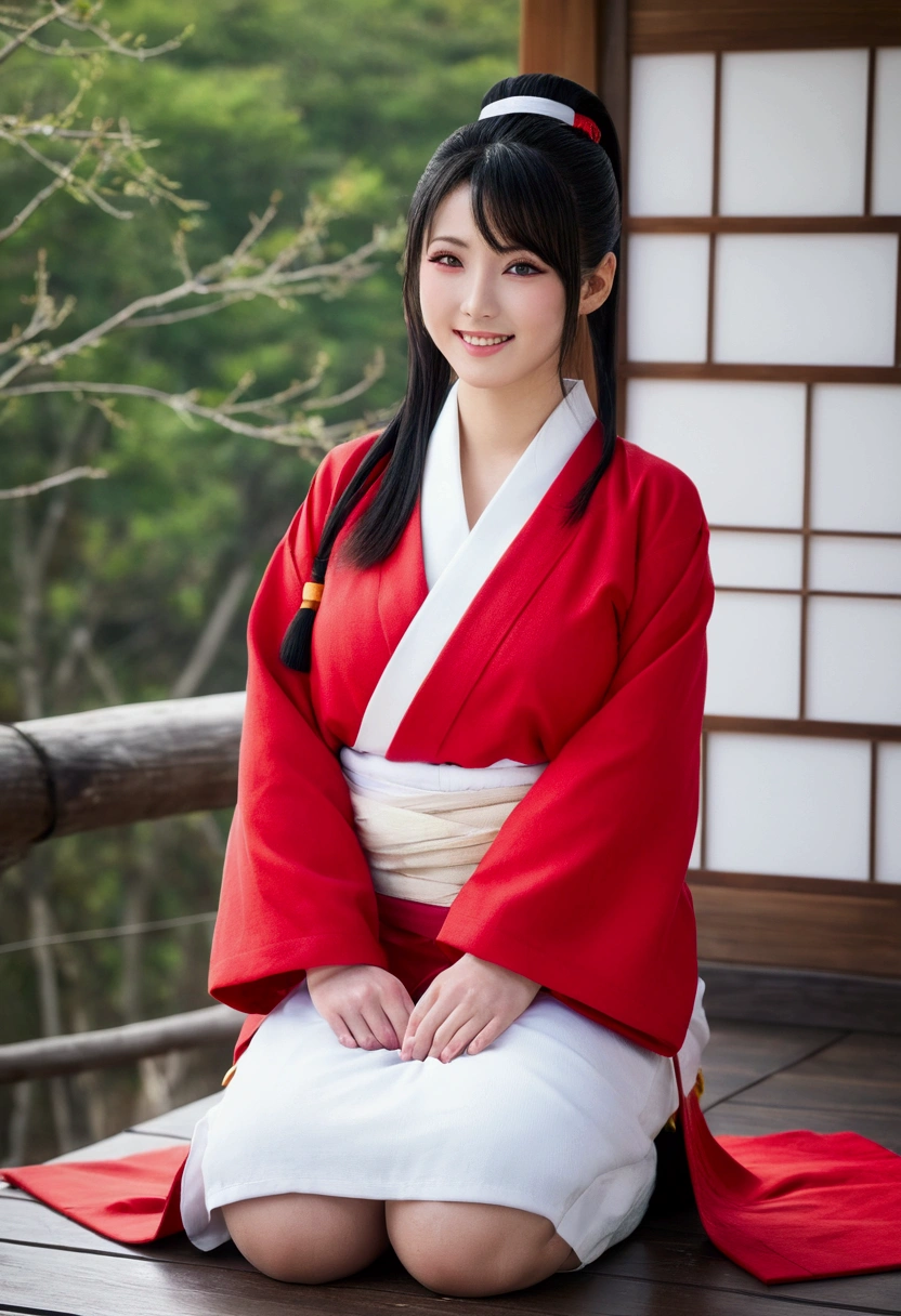 (超picture的), (picture), (High resolution), (In 8K), (detailed), (Best illustrations), (美しいdetailedな目美しいdetailedな顔), (非常にdetailedな),, (wall-), (非常にdetailedな顔), (Black ponytail), Red eyes、(One woman), (alone), (detailedな目, pale cheeks, Glowing Skin, Glossy Lips, Facial lighting), (Large Breasts), (Huge boobs), Sweat in the cleavage、(Thin thighs), (Narrow waist), (smile), (Red and white priestess uniform), (Long sleeve), (long red hakama:1.2), Winter Shrine、Looking down、