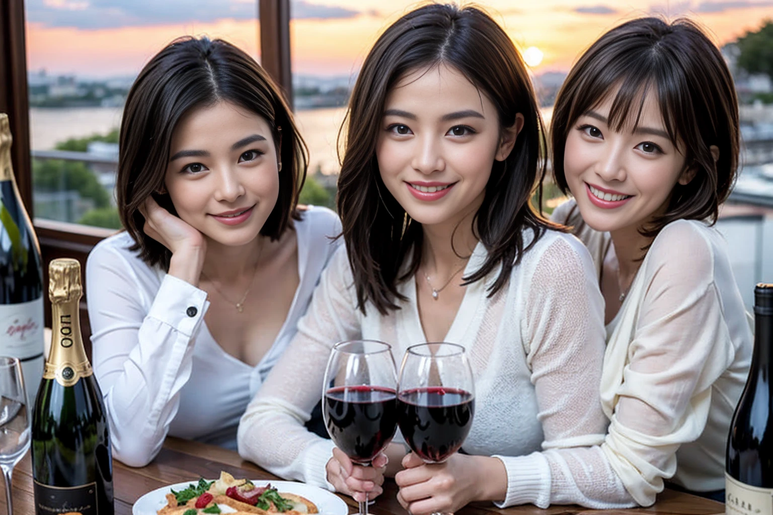 ((Highest quality、8k、masterpiece:1.3))、Slim Couple、Model Couple、(Realistic, Intricate details:1.2), full-course dinner、wine 、Amazing view of the sunset sky and clouds、A bright smile、The wonderfulness of smiles、Bright image、wineの美しさ, Beautiful Face, blue eyes, The light shines on your face, blush, short hair,Bright Face、 (Age 36), 39 years old, 赤wine 、Appetizers、Italian food、wine bottle、Champagne、スパークリングwine、Two beauties、Brown Hair、Shortcuts、Long sleeve shirt、dress、Two beautiful women