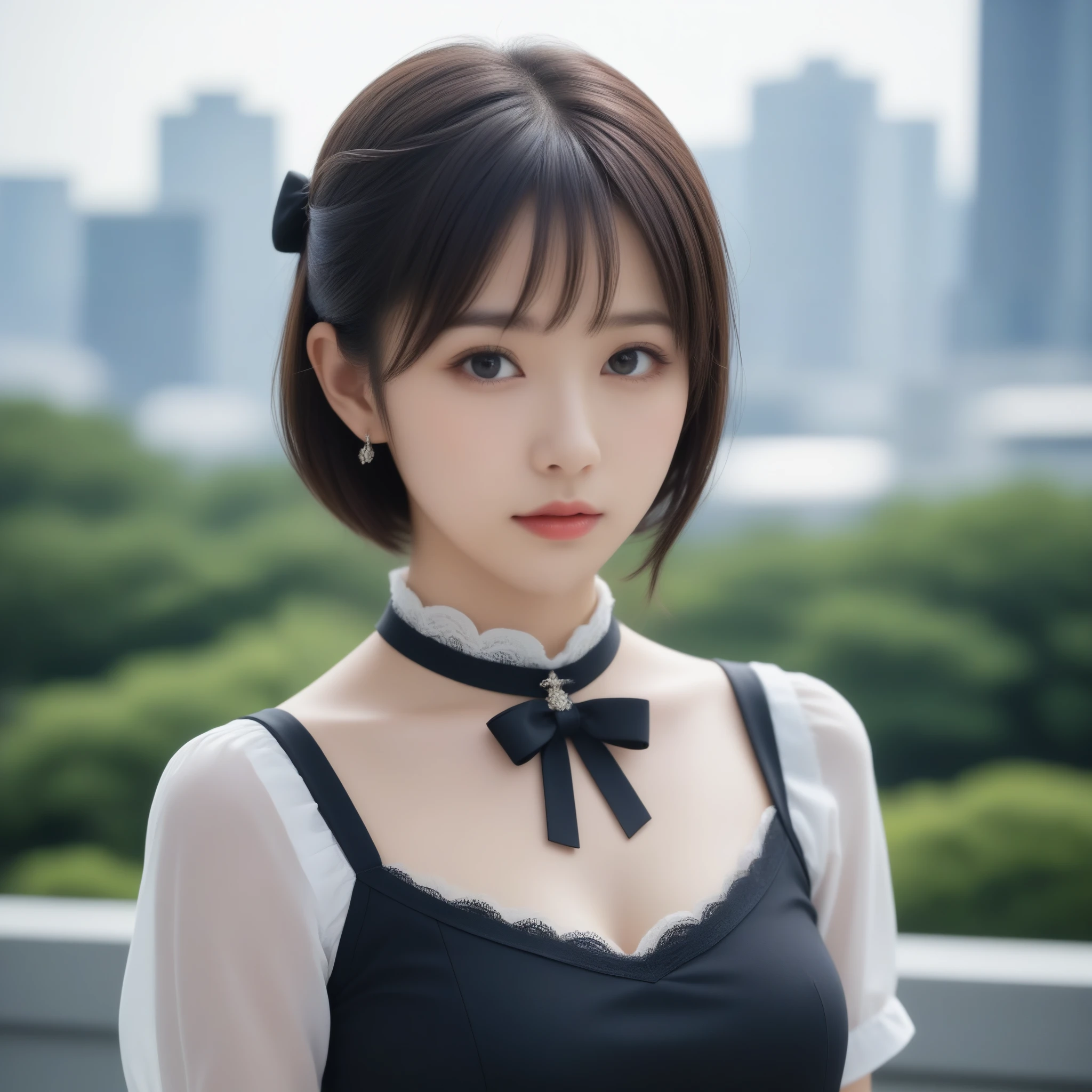 8k, Ultra-high resolution, Highest quality, masterpiece, 三分割法によるphotograph,Surreal, photograph, 1 Girl, (16 years old:1.3), pretty girl, Cute Face, Beautiful eyes in every detail, 細かくdetailedに,masterpiece,One Girl:1.2,Japanese female announcer,extream close up,Serious expression,Black short hair,Short ponytail,Maid Android,((Fusion of Gothic Lolita and Lolita fashion:1.3)),bracelet, chest, choker, clavicle, Earrings,Futuristic cityscape ,Perfect and beautiful face ,完璧でCute Face, Skin with attention to detail, Perfect limbs、Narrow waist,Looking at the audience,(((Ideal body type))),Aカップの小さなchest :2,Portraiture:2,Perfect ???????,鮮明なdetailed,detailed,Surreal,Light and shadow,spotlight
