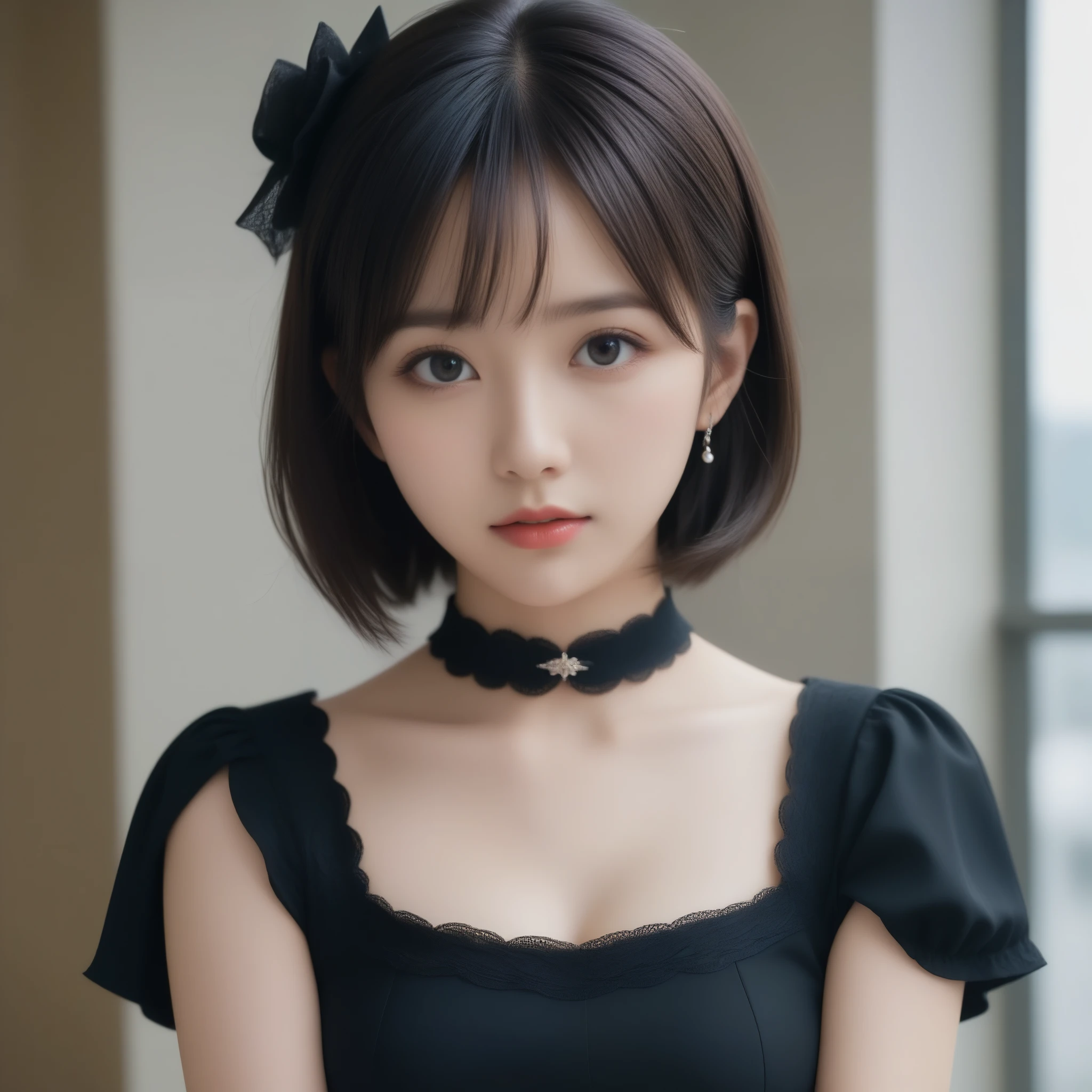 8k, Ultra-high resolution, Highest quality, masterpiece, 三分割法によるphotograph,Surreal, photograph, 1 Girl, (16 years old:1.3), pretty girl, Cute Face, Beautiful eyes in every detail, 細かくdetailedに,masterpiece,One Girl:1.2,Japanese female announcer,extream close up,Serious expression,Black short hair,Short ponytail,Maid Android,((Fusion of Gothic Lolita and Lolita fashion:1.3)),bracelet, chest, choker, clavicle, Earrings,Futuristic cityscape ,Perfect and beautiful face ,完璧でCute Face, Skin with attention to detail, Perfect limbs、Narrow waist,Looking at the audience,(((Ideal body type))),Aカップの小さなchest :2,Portraiture:2,Perfect Anatomy,鮮明なdetailed,detailed,Surreal,Light and shadow,spotlight