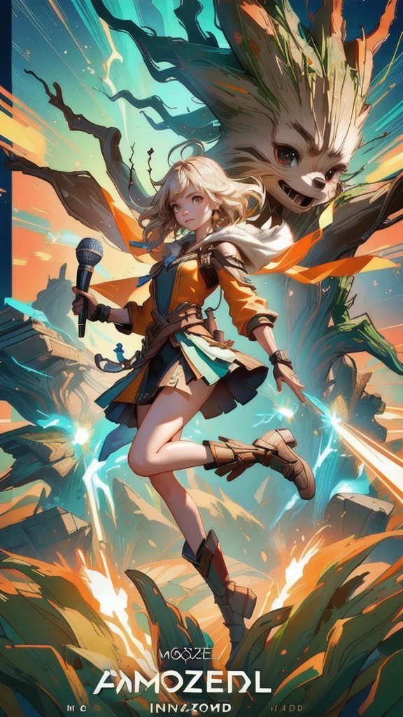 beautiful cute girl character with a microphone and a sign that says anointant announcement, movie announcement, groot, amazement, excitement, indignant, news, noon, album, i am groot, monumental achievement, stylized game art, loading screen, trailer, album art, amazing splashscreen artwork, toon render keyshot, augments, animated film, biomutant