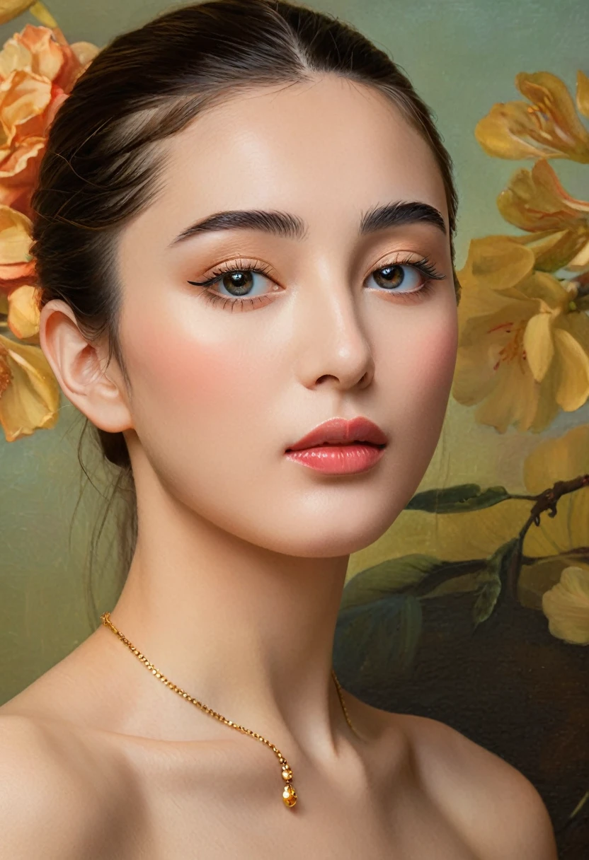 (highres,masterpiece:1.2),(realistic:1.37)"(best quality, ultra-detailed, realistic),beautiful portrait of a 20-year-old French, (She is half French and half Japanese, and is a stunning beauty with detailed eyes and a high nose:1.1), thick eyebrows, long graceful neck, poised and elegant posture, soft and delicate lighting, classic oil painting medium, vibrant colors, dreamy atmosphere, seductive, (best quality,4k,8k,highres,masterpiece:1.2), ultra-detailed, (realistic,photorealistic,photo-realistic:1.37),(Numerous award-winning masterpieces, incredibly detailed and textured, maximal resolution and clarity), (Hyper-realistic:1.4), sexy look