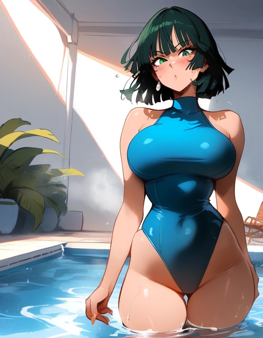 1girl, fubuki \(one-punch man\), one-punch man \\\\\ masterpiece, best quality, newest, , ///// nyantcha, khyle, cutesexyrobutts \\\\\ big breasts, thin waist, sweatdrop, blush, one-piece swimsuit,, solo, pool, cropped legs, in water, looking at viewer