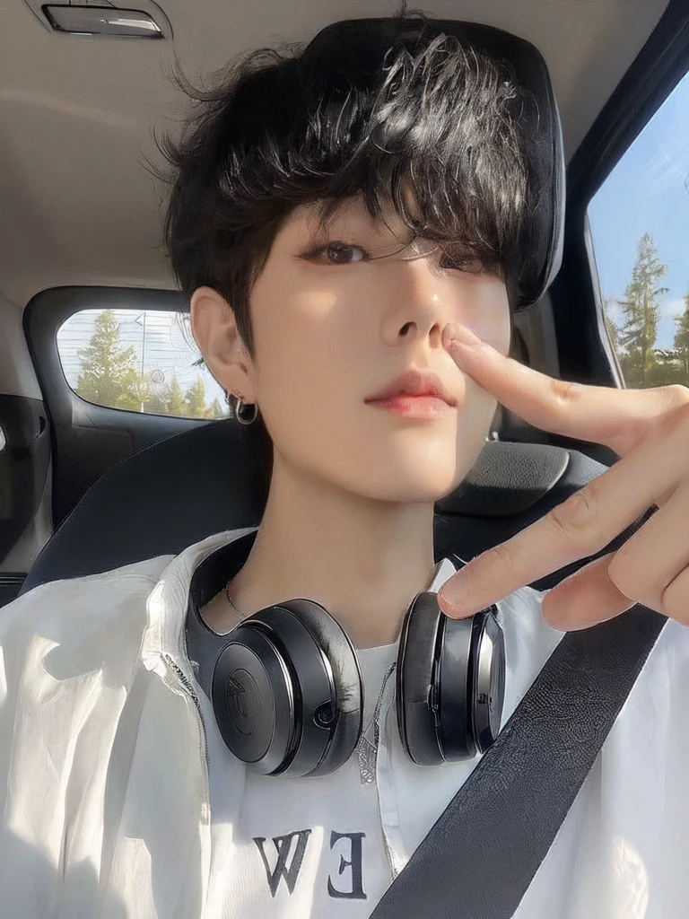 Arafed man with headphones sitting in a car, Cai Xu Kun, sometimes ulzzang, Kim Doyoung, jungkook, Jinyoung Shin, Hyung Tae, hong june hyung, profile headshot, black haired yoongi, beautiful androgynous prince, delicate androgynous prince, TaeJune Kim, pale korean adorable face, Jung Jaehyun, ulzzang, Kim Seokjin, BTS, Seokjin the BTS, korean boy, Male face