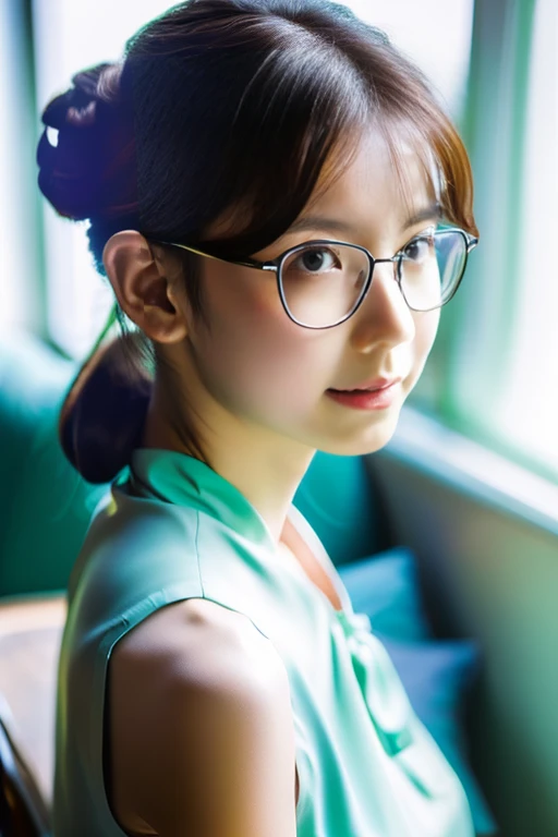 (8k, RAW photo, best quality, masterpiece), (photo realistic), outstanding details, ultra-high resolution, anatomically correct, textured skin, (Extremely precise and accurate anatomy),
Ultra Detailed Face, Detailed Eyes, 

A cute 35 year old Japanese girl,  (Relaxing on a white sofa in a white room,), Iced tea on the table, 

(cowboy shot:1.4), (looking at viewer:1.4), 
(faint smile),  (Mouth slightly open:0.1),
(chignon:1.4), low chignon, (Small nose:1.2) , (small mouth:1.2), 
(Ultra Detailed Rimless small glasses),  pupils sparkling,  thin lips, thin eyebrows, 
dark brown hair, Forehead, 

Earrings, Necklace, 
(A ice green sleeveless long dress),

(background A simple and wide white room, outside the large window is the morning sea), 
morning sun, (backlighting), 
reflection light from below, 
atmospheric perspective, depth of field, 
(dramatic lighting), cinematic lighting, 