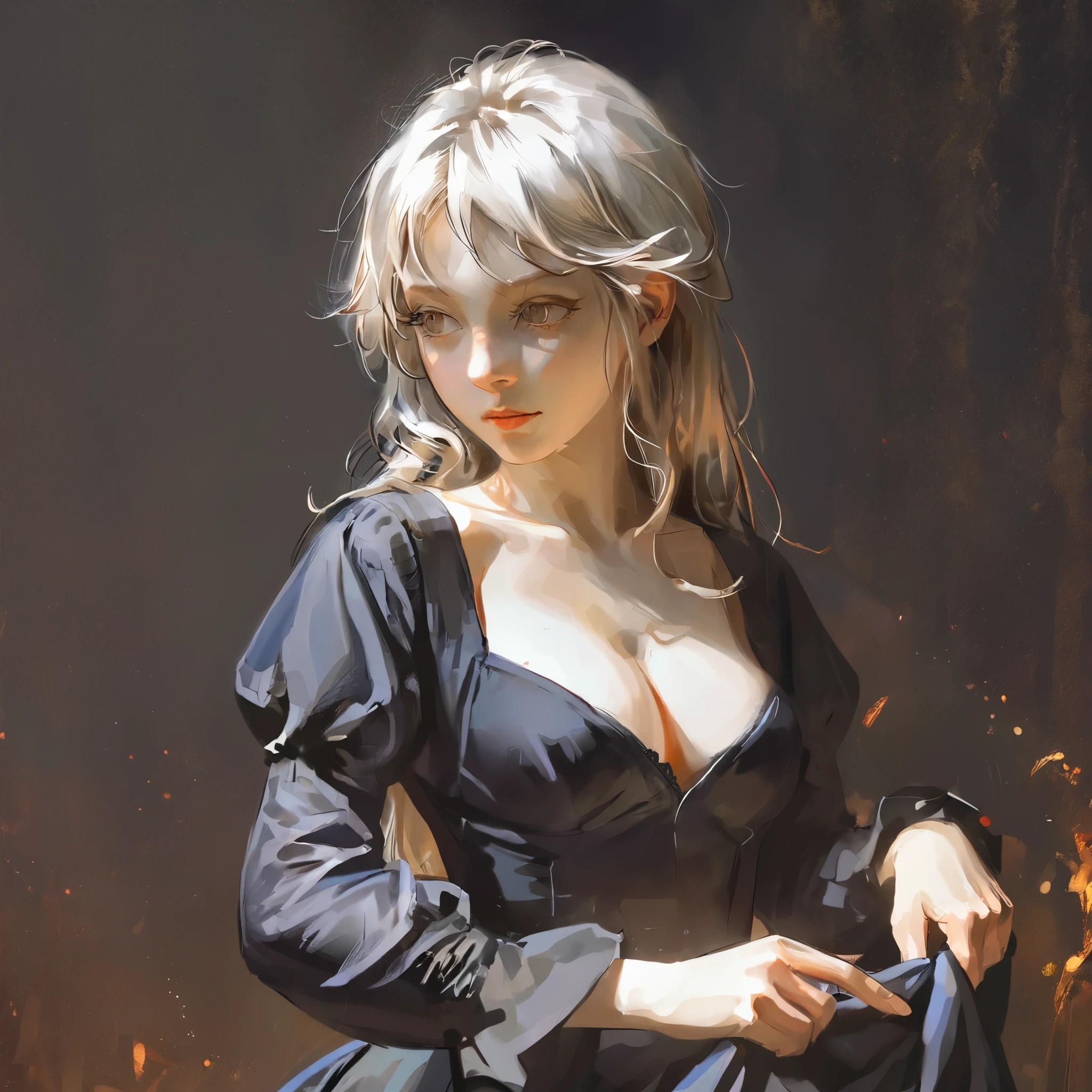 score_9, score_8_up, score_7_up, score_6_up, score_5_up, score_4_up, fkey70, h3l3n, masterpiece, best quality, high quality, hyperrealistic anime painting, anime painting, loose long hair, black background, dramatic diagonal lighting, painterly, realistic painting, soft feature, detailed clothes, detailed, rembrandt lighting, solo, 1girl, dress lift, white hair, black dress, long sleeves, cleavage