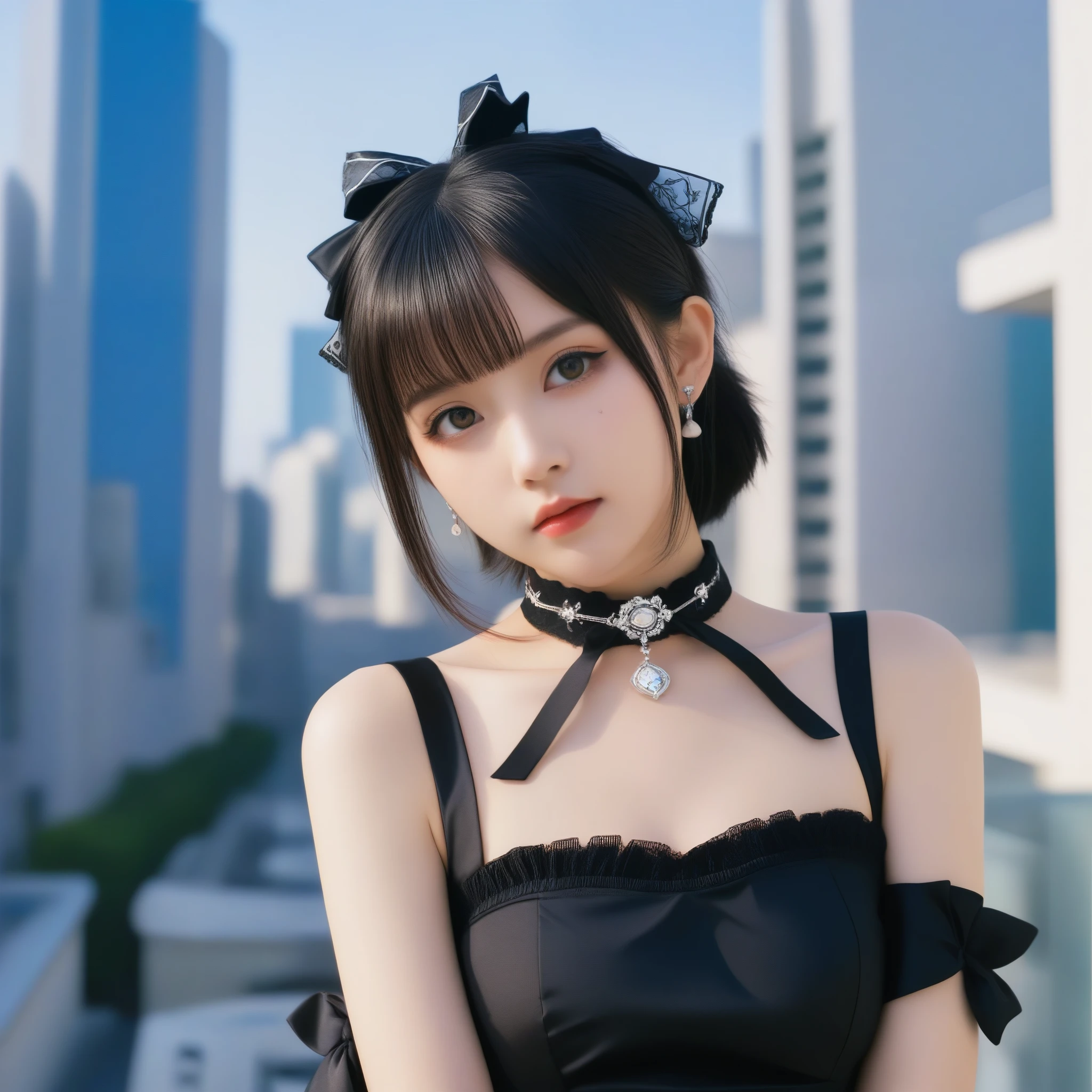 8k, Ultra-high resolution, Highest quality, masterpiece, 三分割法によるphotograph,Surreal, photograph, 1 Girl, (16 years old:1.3), pretty girl, Cute Face, Beautiful eyes in every detail, 細かくdetailedに,masterpiece,One Girl:1.2,Japanese female announcer,extream close up,Serious expression,Black short hair,Short ponytail,Maid Android,((Fusion of Gothic Lolita and Lolita fashion:1.3)),bracelet, chest, choker, clavicle, Earrings,Futuristic cityscape ,Perfect and beautiful face ,完璧でCute Face, Skin with attention to detail, Perfect limbs、Narrow waist,Looking at the audience,(((Ideal body type))),Aカップの小さなchest :2,Portraiture:2,Perfect Anatomy,鮮明なdetailed,detailed,Surreal,Light and shadow,spotlight