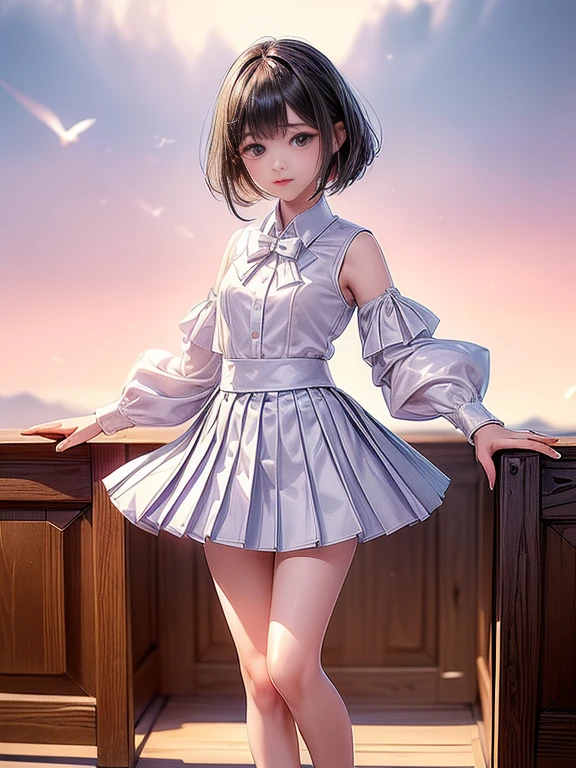 (masterpiece、Highest quality:1.7)、(:1.5)、(Full body shot:1.5)、Bobcut、Black Hair、85mm、16K、Official Art、RAW Photos、Best Beautiful Faces、Close-up、Violet、Gardenia、((The best beautiful girl、very cute))、Red blush on cheeks、((In the office))、(Are standing:1.8)、Film Grain、Chromatic Aberration、Sharp Focus、(((Nice hands、Perfect hands、Perfect Fingers、Thin and delicate fingers、A perfect body without flaws)))、Detailed face、(Slender body:1.5)、(Slender body:1.3)、(Slim upper body:1.2)、(Small and flat bust:1.7)、(Narrow thighs:1.3)、(Let your bangs hang down:1.8)、(Blushing:1.8)、(Low contrast lighting:1.4)、(襟t付きのwhiteタイトビジネスシルクブラウス:1.5)、((white)Bowtie blouse:1.5)、(Long sleeve: 1.4)、(The length is very short(white)Pleated silk mini skirt:1.7)、(whiteスクールソックス:1.5),(Cover your chest with your palms:1.7),(The wind is blowing up her skirt:1.8),(Low angle from below:1.6),Buckshot), Ass Focus,