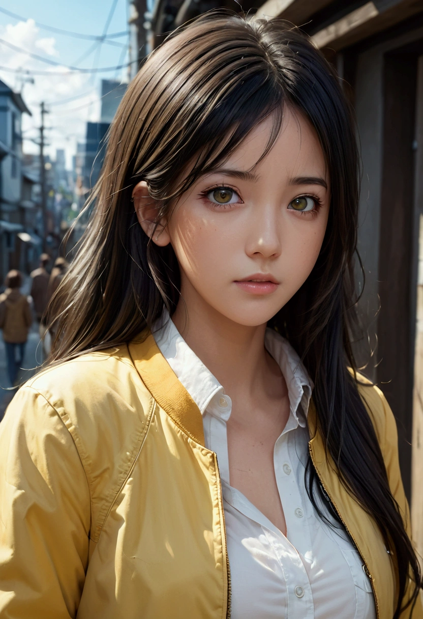 girl, Yellow Jacket, Put your hands in your pockets, Gazing at Other People, Long black hair, heterochromatic eyes, heterochromatic eyes, Heterochromatic pupil, 8k resolution, Very detailed, Anatomically correct, Digital Painting, Concept Art, Makoto Shinkai style, Clear images,  