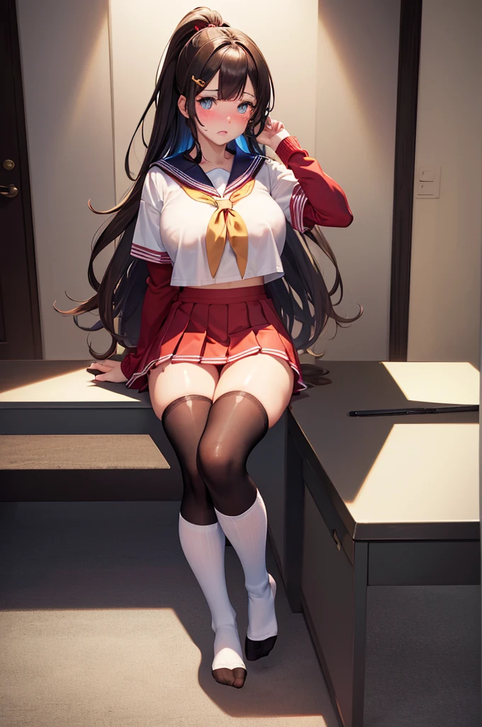 A beautiful girl sitting on a chair showing her panties, she lifts her skirt with her hands and showing them, (skirt lift:1.4), (presenting panties:1.8), red , ((Sailor suit tops, Sailor collar, White shirt, pleated mini skirt:1.3), (Knee-high socks:1.3):1.3), panties, (lace light blue panties:1.45), school classroom, Desk and chair in the background, big rounds breasts, (Beautiful and big breasts:1.3), dark brown hair, swept bangs, long hair, wavy hair, ponytail, expressive hair, shiny hair, hairclip, aqua eyes, (gradient eyes:1.3), glowing eyes, pupils sparkling, blush, bright pupils, glossy lips, embarrassed, (Very embarrassed look:1.5), slim waist, shapely legs, beautiful thighs, whole body, Angle from the front, from above, POV, anime CG style, high definition, natural light, high detail, anime, dithering, image fill, perspective, Wide-Angle, f/1.8, 85mm, Sony FE GM, 8k, 8k wallpaper, super detail, highly detailed CG, UHD, retina, masterpiece, accurate, anatomically correct, textured skin, highres, best quality:1.3, 16k