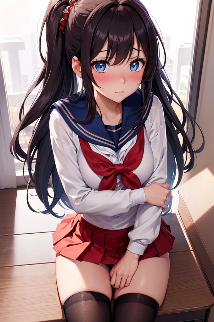 A beautiful girl sitting on a chair showing her panties, she lifts her skirt with her hands and showing them, (skirt lift:1.4), (presenting panties:1.8), red , ((Sailor suit tops, Sailor collar, White shirt, pleated mini skirt:1.3), (Knee-high socks:1.3):1.3), panties, (lace light blue panties:1.45), school classroom, Desk and chair in the background, big rounds breasts, (Beautiful and big breasts:1.3), dark brown hair, swept bangs, long hair, wavy hair, ponytail, expressive hair, shiny hair, hairclip, aqua eyes, (gradient eyes:1.3), glowing eyes, pupils sparkling, blush, bright pupils, glossy lips, embarrassed, (Very embarrassed look:1.5), slim waist, shapely legs, beautiful thighs, whole body, Angle from the front, from above, POV, anime CG style, high definition, natural light, high detail, anime, dithering, image fill, perspective, Wide-Angle, f/1.8, 85mm, Sony FE GM, 8k, 8k wallpaper, super detail, highly detailed CG, UHD, retina, masterpiece, accurate, anatomically correct, textured skin, highres, best quality:1.3, 16k