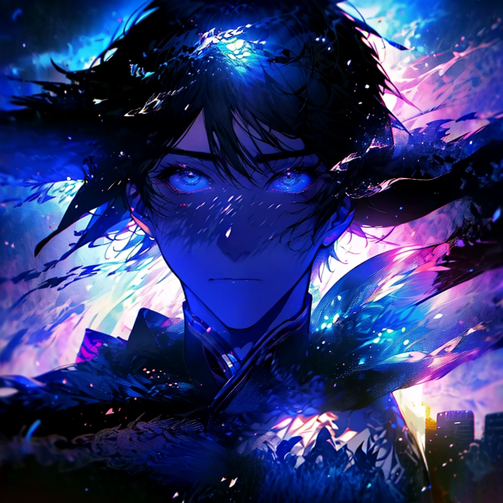 anime boy with a blue shirt is looking to his left, an anime drawing by Eizan Kikukawa, pixiv, serial art, handsome anime pose, Kentaro Miura art, anime portrait of a handsome man, Kentaro Miura manga art style, conrad roset and makoto shinkai, Kentaro Miura art style, anime handsome man、Handsome、profile、colorful、Lens flare、Looks smart、colorfulで幻想的な背景、Close-up、Concept Art、Pose with hands on chin