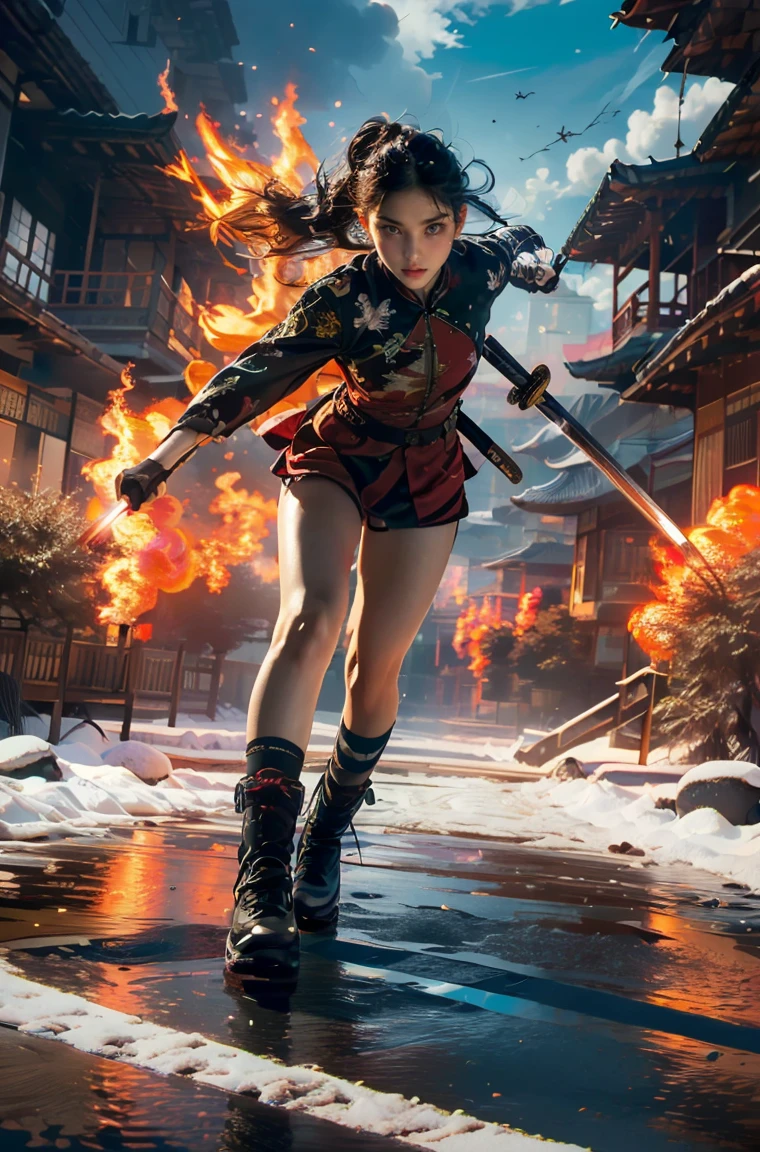 ultra high resolution,((masterpiece))),(((best quality))),((super detailed)),((extremely delicate and beautiful)),(wide shot, wide-angle lens,Panoramic:1.2),super vista,super wide Angle,Low Angle shooting,super wide lens,highly detailed,(masterpiece, top quality, best quality, official art, beautiful and aesthetic:1.2),(fractal art:1.2),
xuer ai yazawa style girl,1girl,solo,holding weapon,katana,floral print,looking at viewer,fighting stance,eastern dragon,braid,floral print,Ink,ink splatter,
(disgust:1.3),(full body:1.4),A shot with tension,(sky glows red,Visual impact,giving the poster a dynamic and visually striking appearance:1.2),Chinese Zen style,impactful picture,