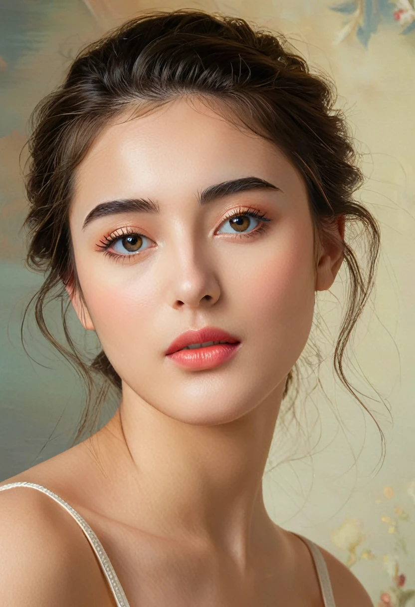 (highres,masterpiece:1.2),(realistic:1.37)"(best quality, ultra-detailed, realistic),beautiful  portrait of a 20-year-old French, (She is half French and half Japanese, and is a stunning beauty with detailed eyes and a high nose:1.1), thick eyebrows, long graceful neck, poised and elegant posture, soft and delicate lighting, classic oil painting medium, vibrant colors, subtle background with clear white wall, dreamy atmosphere, seductive, (best quality,4k,8k,highres,masterpiece:1.2), ultra-detailed, (realistic,photorealistic,photo-realistic:1.37),(Numerous award-winning masterpieces, incredibly detailed and textured, maximal resolution and clarity), (Hyper-realistic:1.4), sexy look