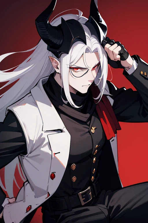 man with pale skin, crimson eyes, a bit long white hair and black goat-like horns and a manly, badass face. wearing a red shirt rolled up to the elbows, with a black dress vest buttoned on top, with black dress pants, a black scarf that covers half of his face and a black and red colored paladin helmet.